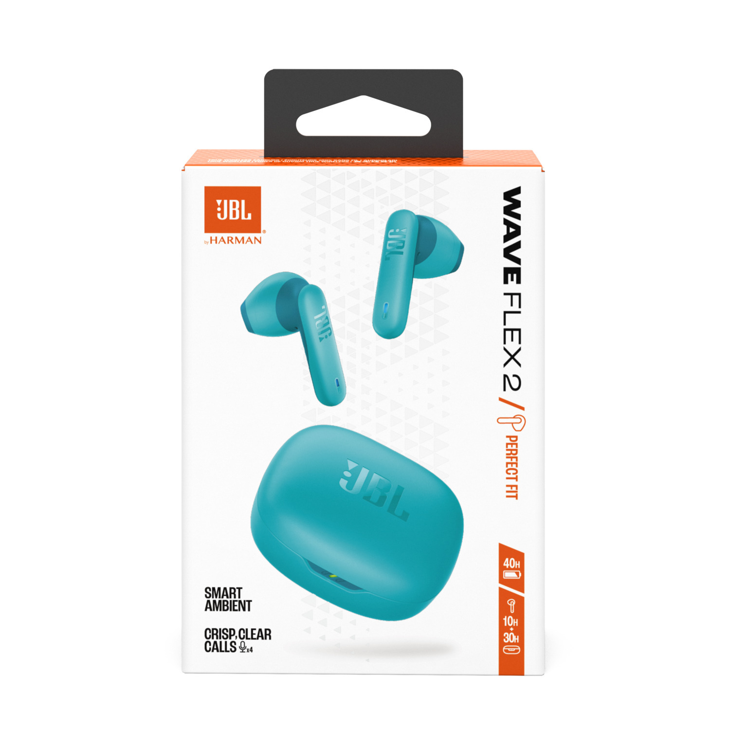 Box of turquoise JBL Wave Flex 2 headphones with charging case. Text reads 'Wave Flex 2/Perfect Fit'.