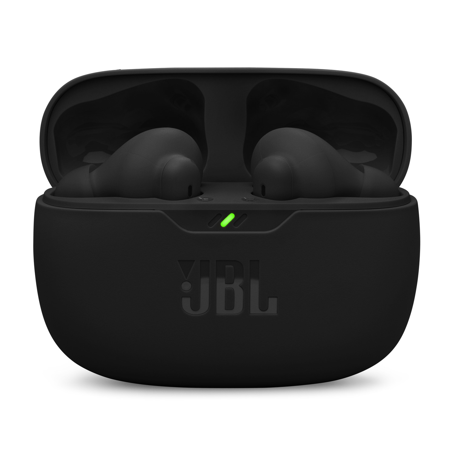Black JBL earbuds in an open case. The JBL logo is visible.