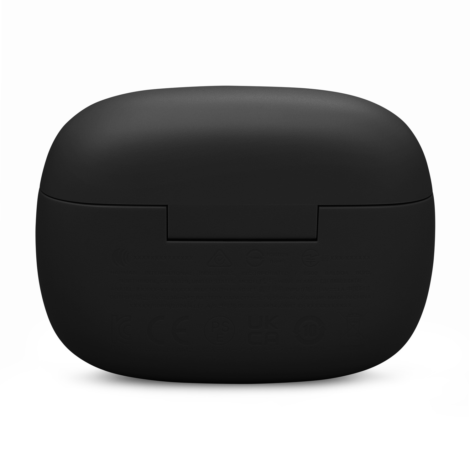 Black charging case for earbuds, showing the bottom with product details and logos on a white background.