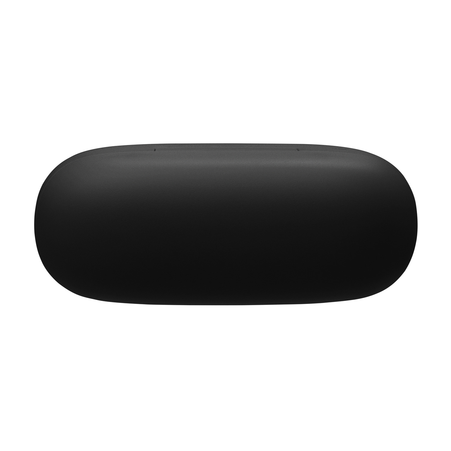 A closed black earbud charging case, showing a smooth, oval shape.