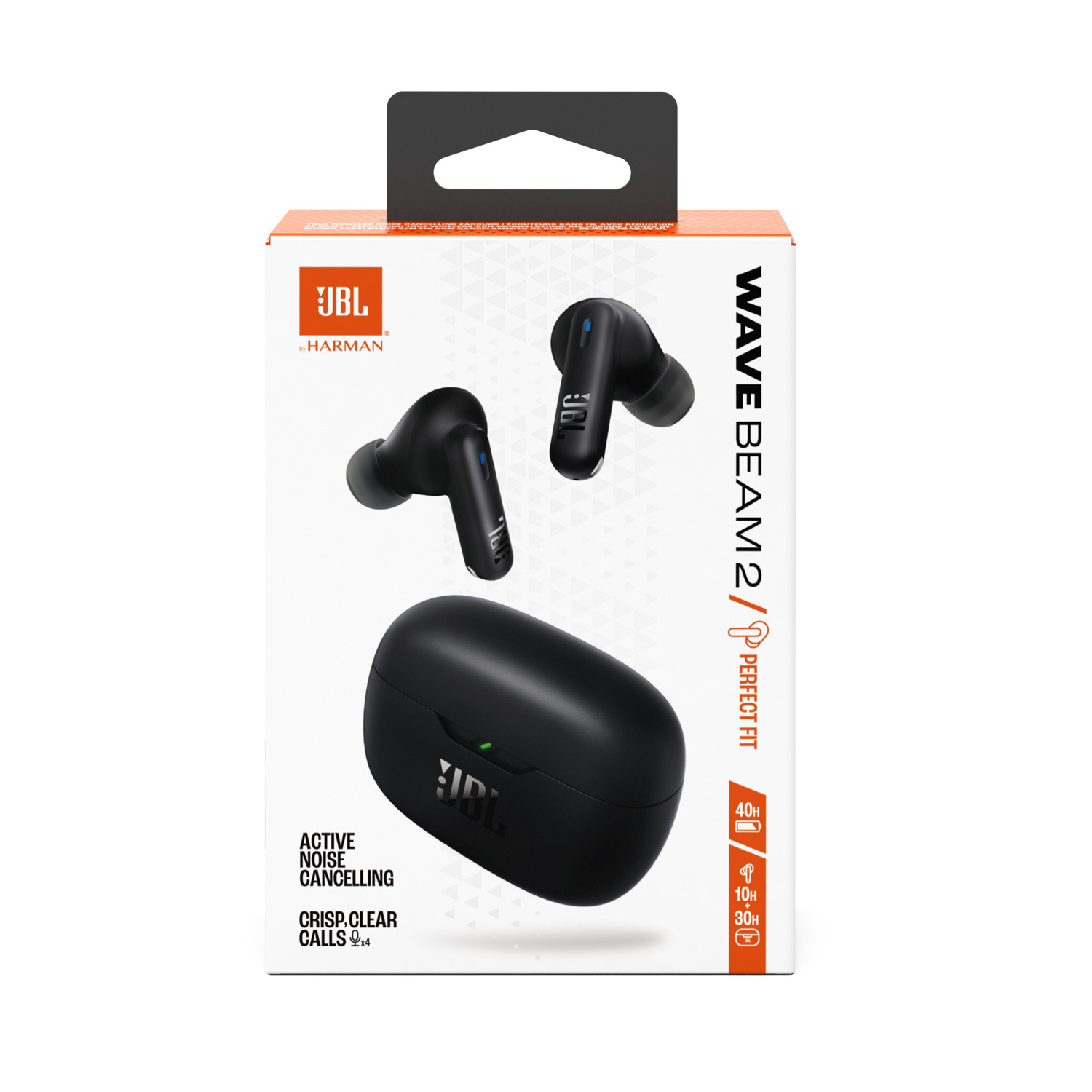 Earbuds in the charging case and box. Text: JBL Wave Beam 2, active noise cancelling.