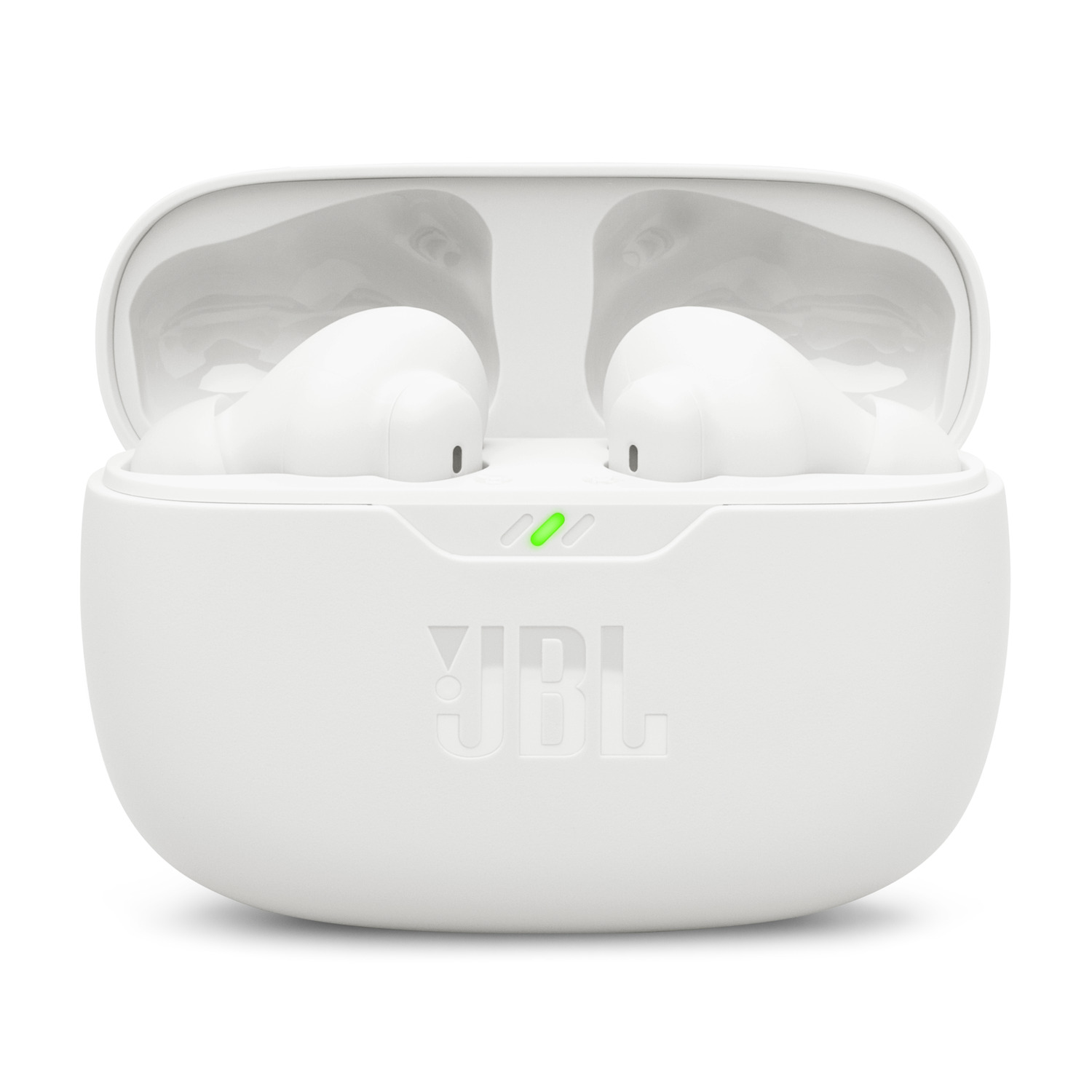 White JBL earbuds in a white charging case. The case is open, showing the earbuds inside.
