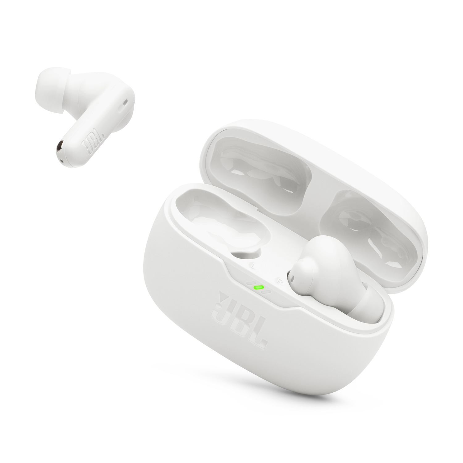 White wireless earbuds in their charging case, with one earbud separated.