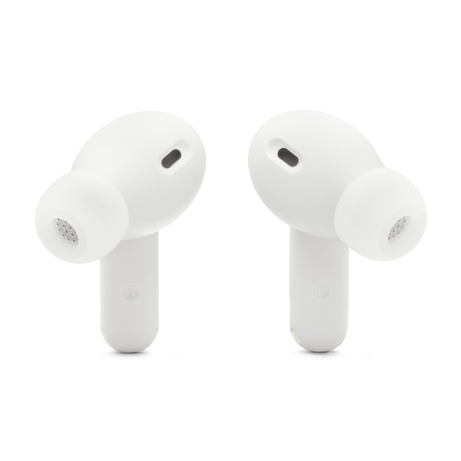 Two white wireless earbuds, simple design, on white background, close up.