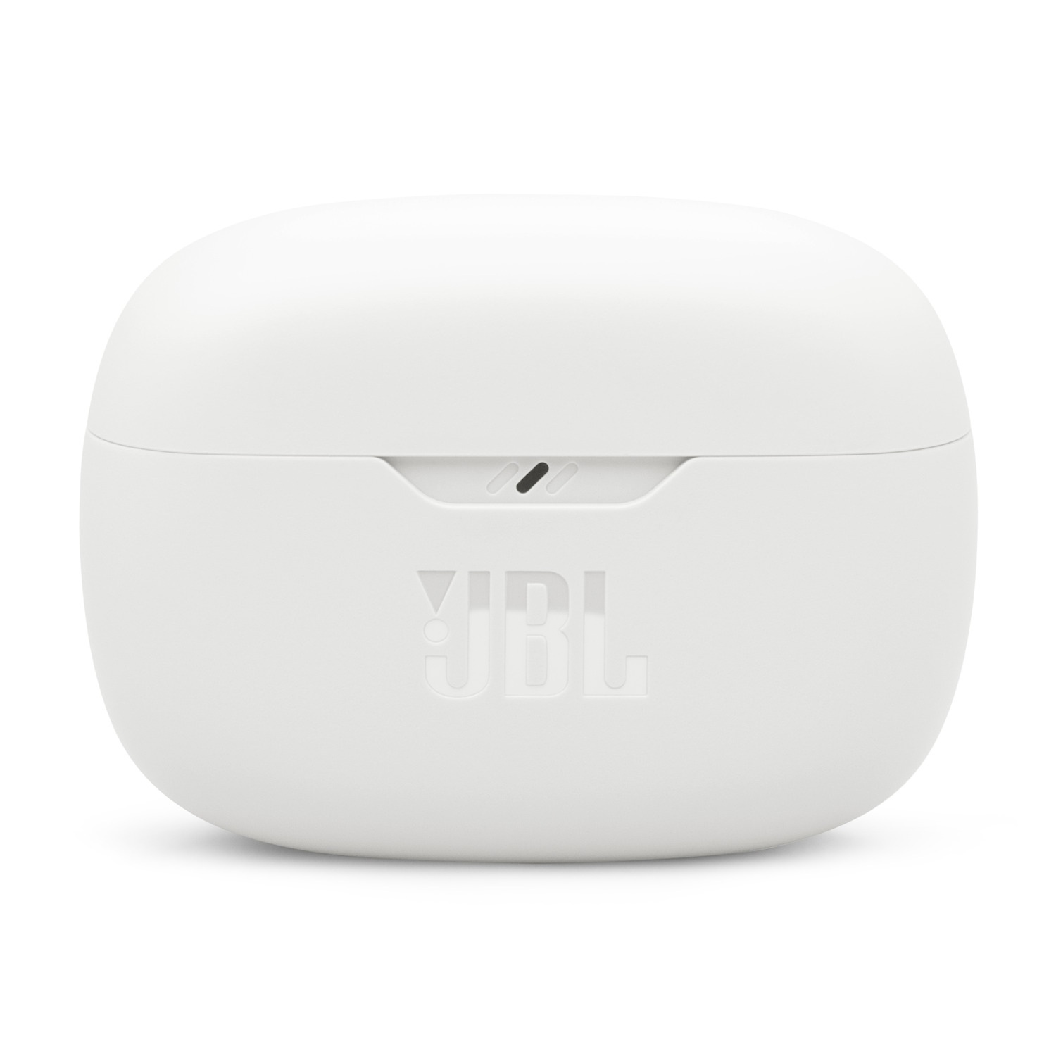 A white JBL charging case with the JBL logo. It is on a white background.