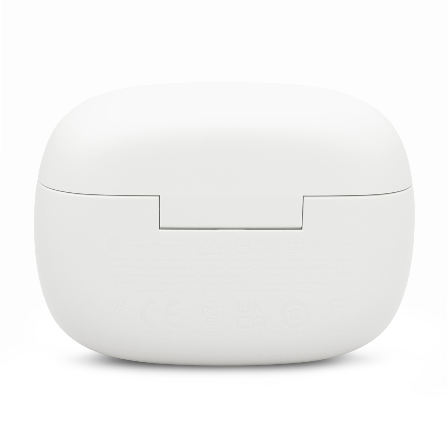 White earbud case, showing bottom with text and markings. The top is closed.