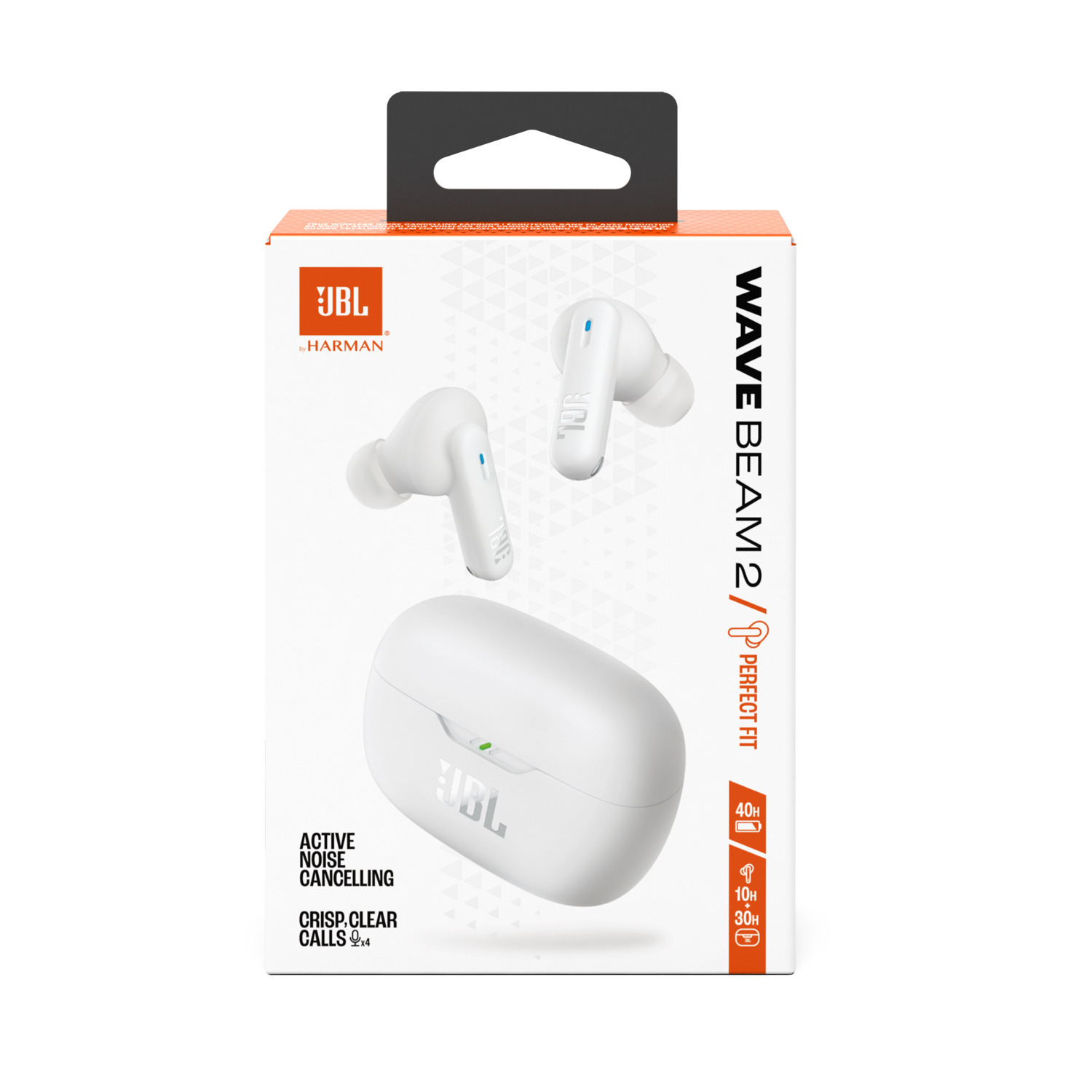 White JBL Wave Beam 2 earbuds and charging case on a box.