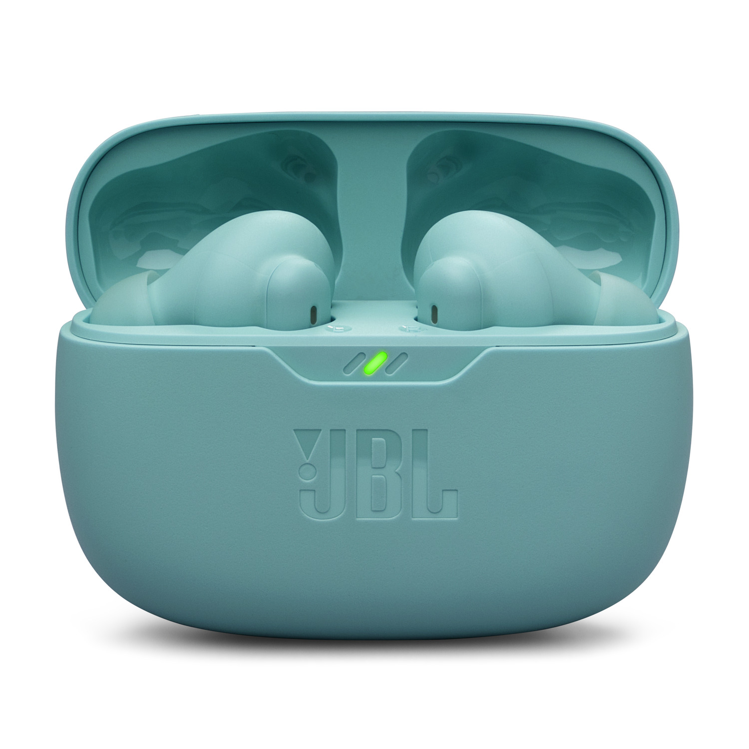 Teal JBL earbud case, open. Two earbuds inside. The case has green lights.