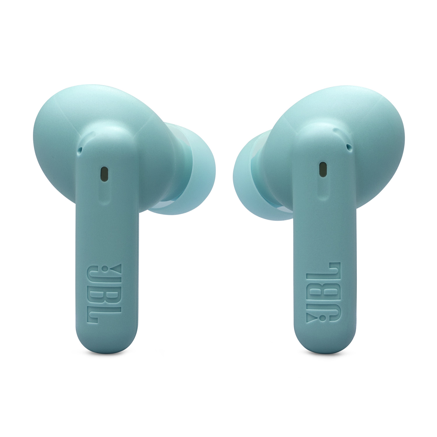 Two teal-colored JBL earbuds, isolated on a white background.