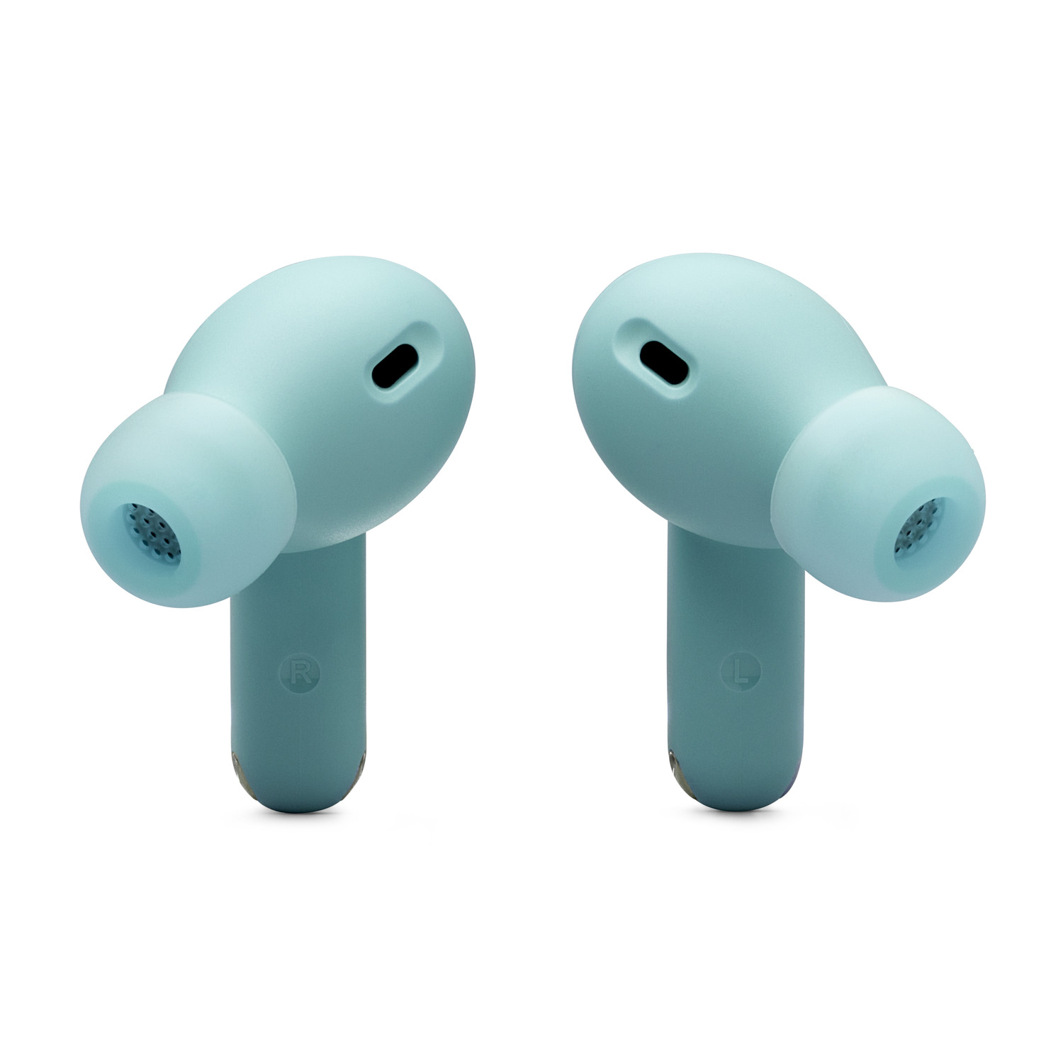 Two blue earbuds. They are close up, on a white background. The left earbud is marked with an 'L'.