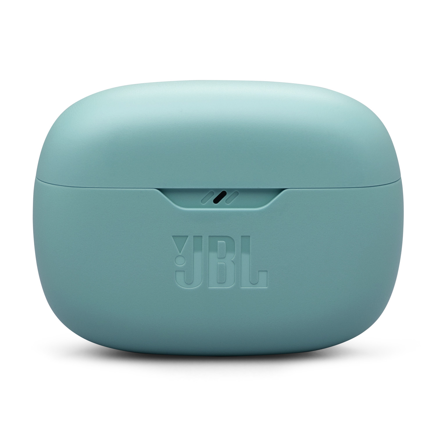 Blue JBL earbuds case, closed, on a white background.