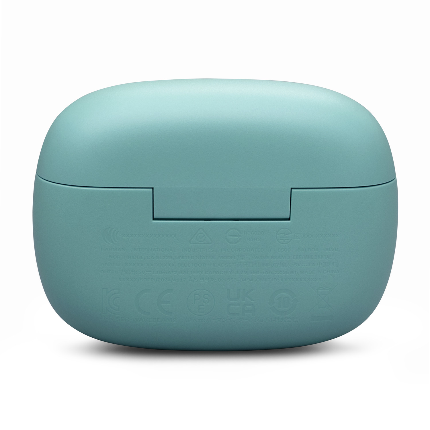 Teal-colored earbud case, bottom view. Contains text and symbols.
