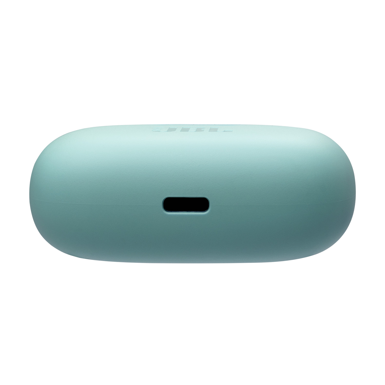 Teal-colored charging case for earbuds. A small opening is visible on the bottom.