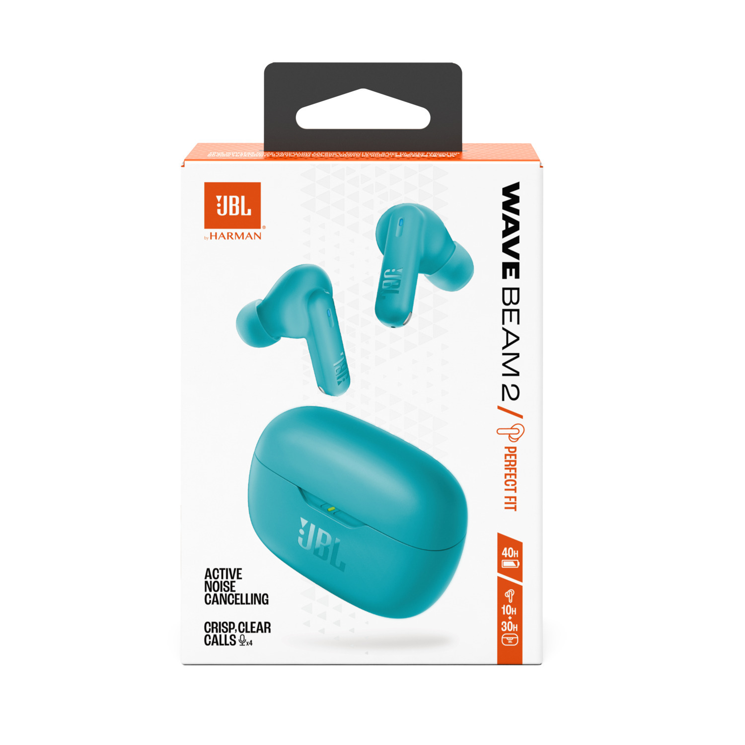 Teal earbuds in charging case with JBL logo, orange box.