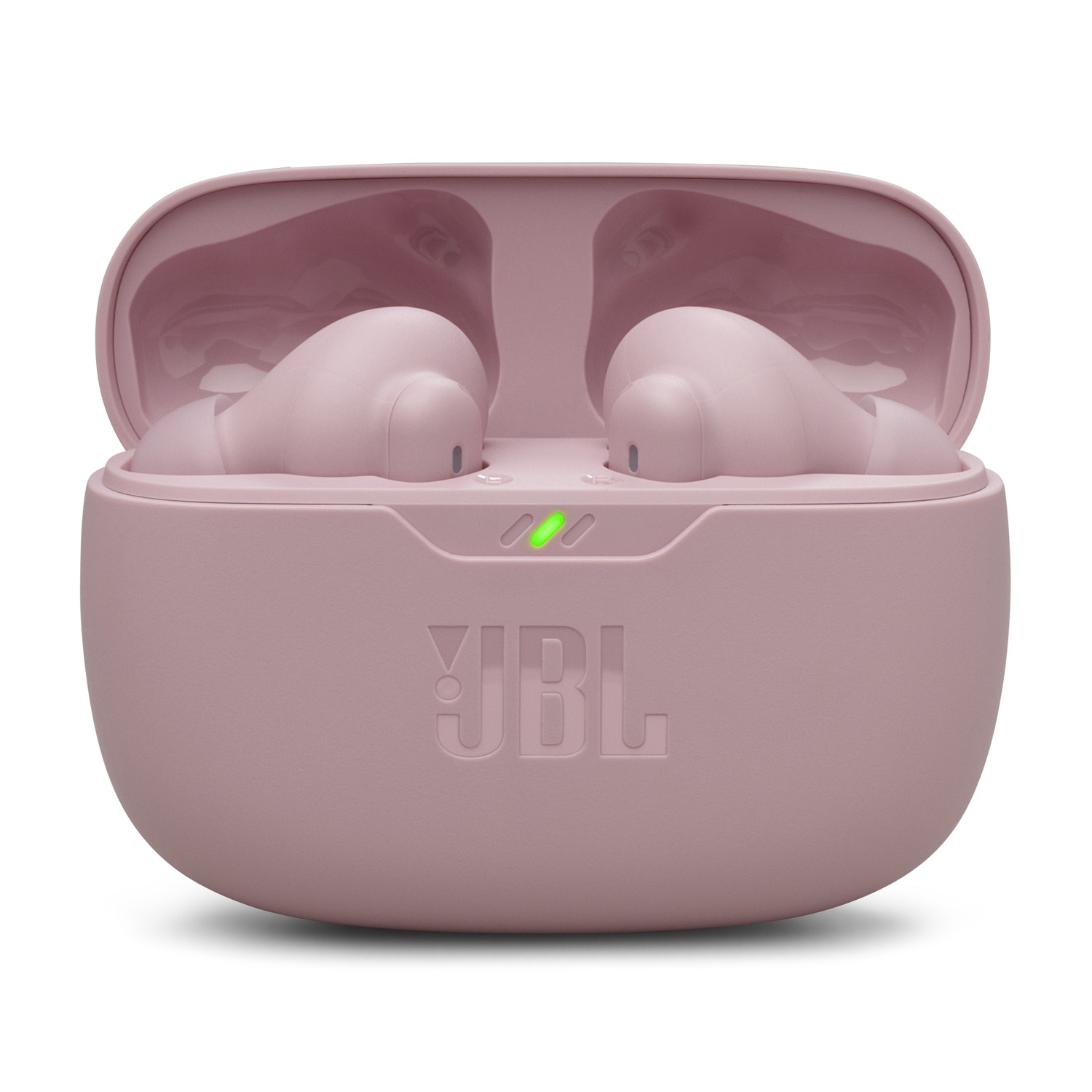 Pink JBL earbuds in their case, with a green light indicator against a white background.