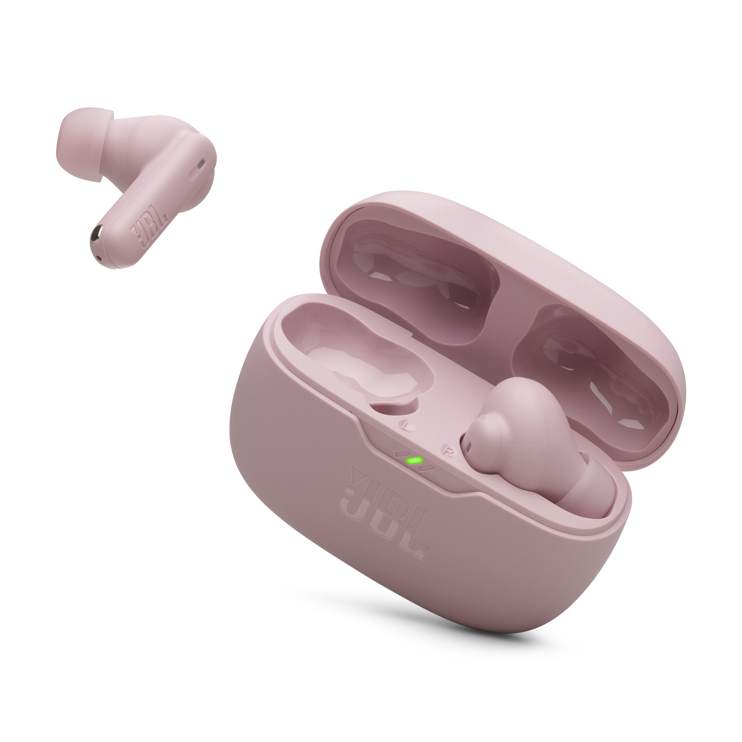 Pink earbuds and their charging case, open. JBL logo visible.