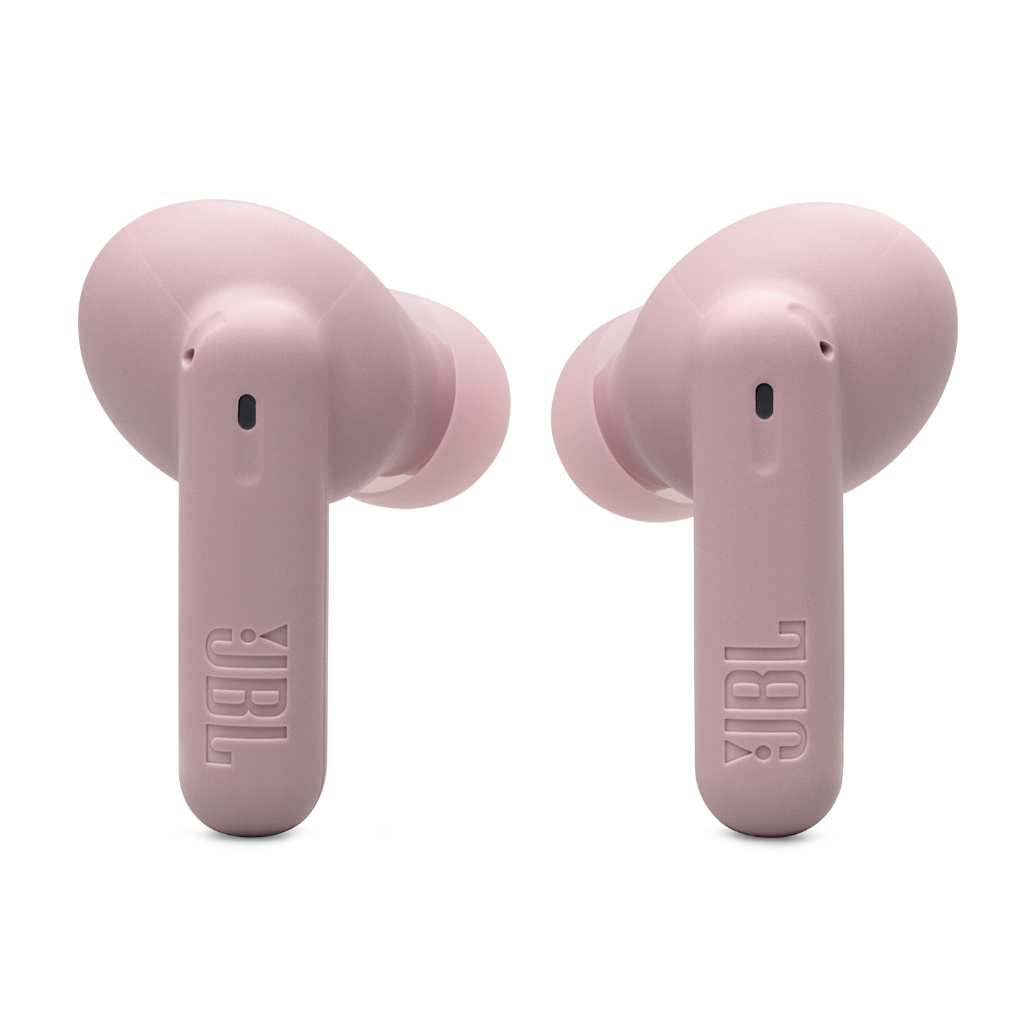 Two pink JBL earbuds on a white background.
