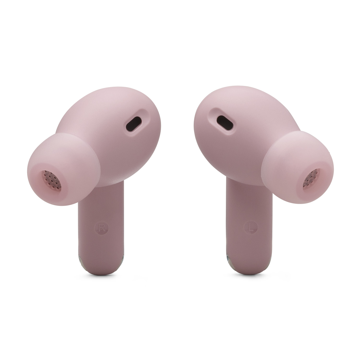 Two pink earbuds, each with a stem, positioned on a white background.