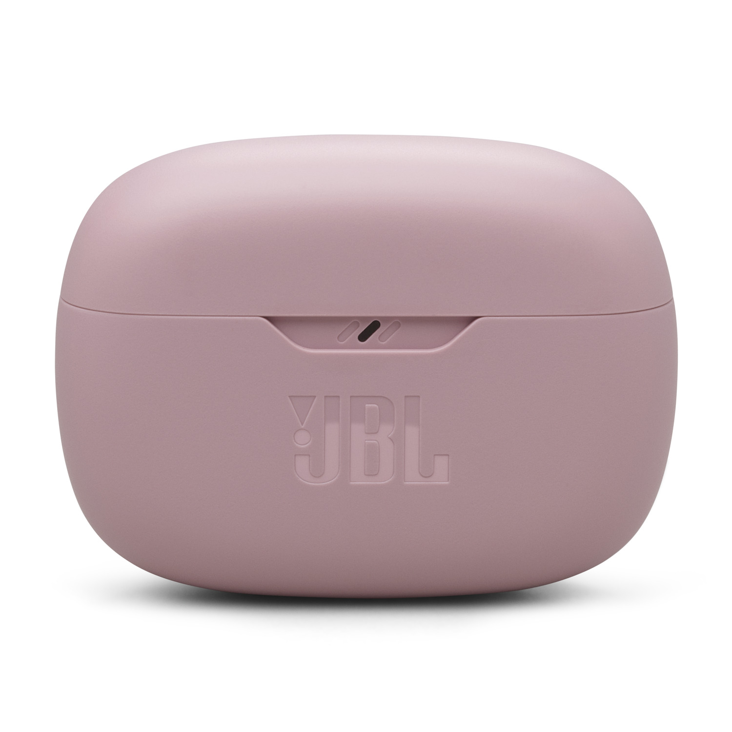 Pink JBL earbud charging case. The JBL logo is embossed on the front surface.