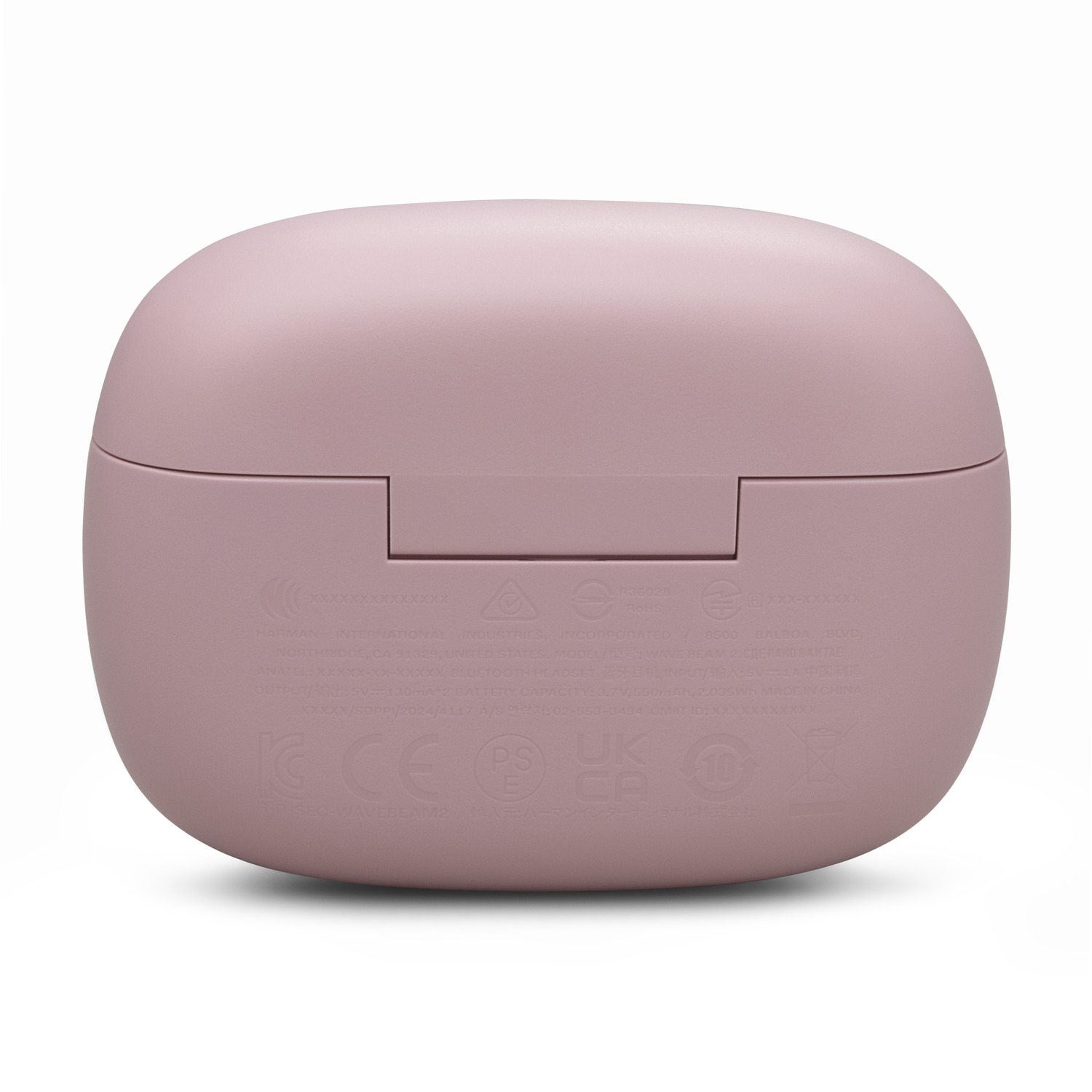 The bottom of a pink JBL earbuds case, with text and logos.