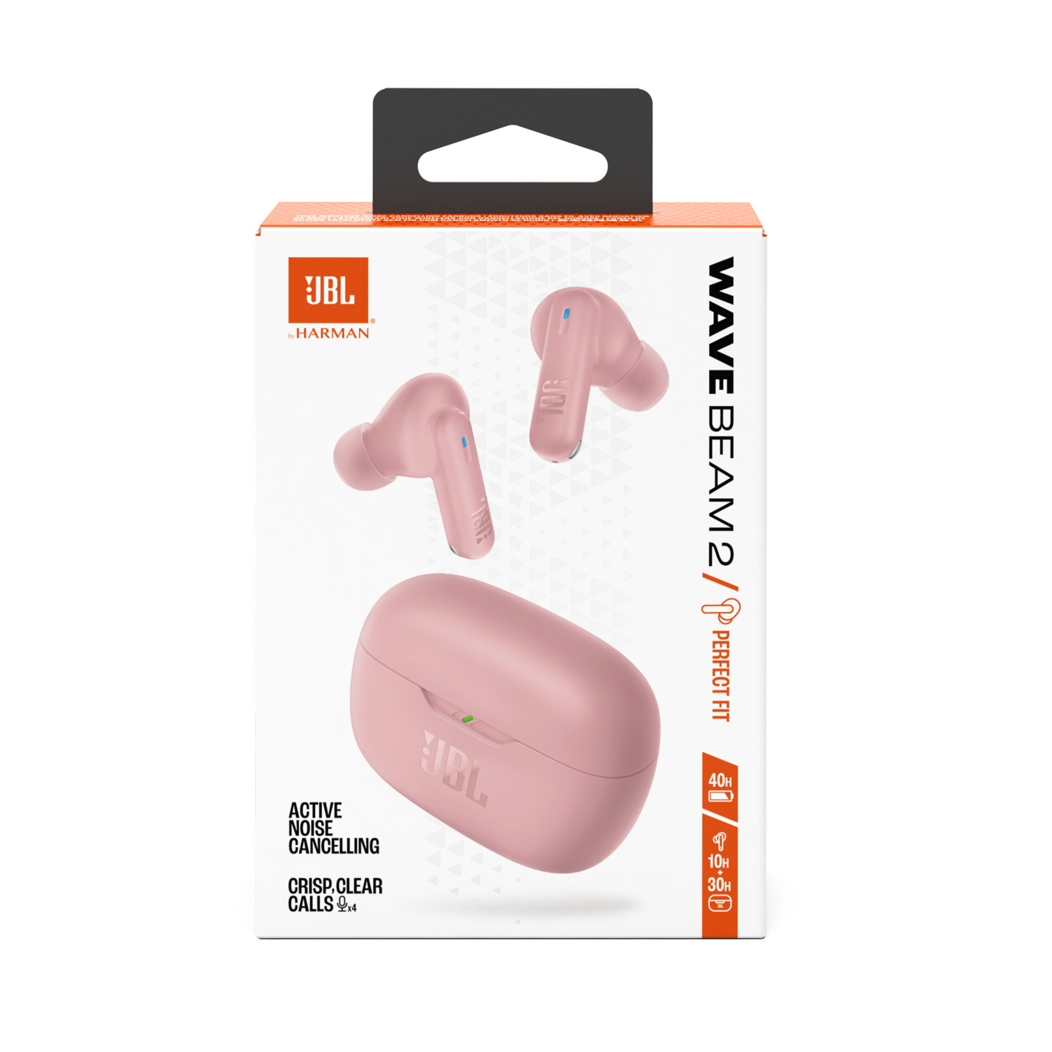Pink JBL Wave Beam 2 earbuds packaging. Image shows earbuds and case.