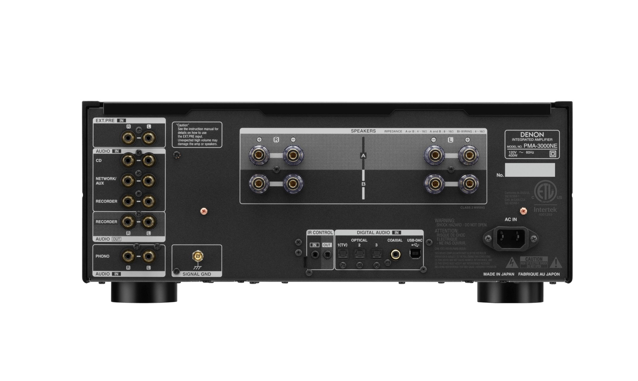 Die Rückseite eines schwarzen Denon PMA-3000NE-Vollverstärkers mit mehreren Ein-/Ausgangsanschlüssen.