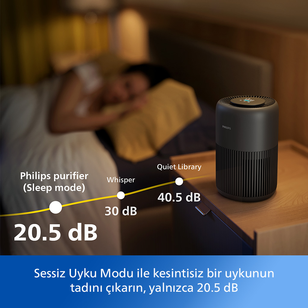 Yatak odasında uyuyan bir kişinin yanında bir komodin üzerinde hava temizleyici.