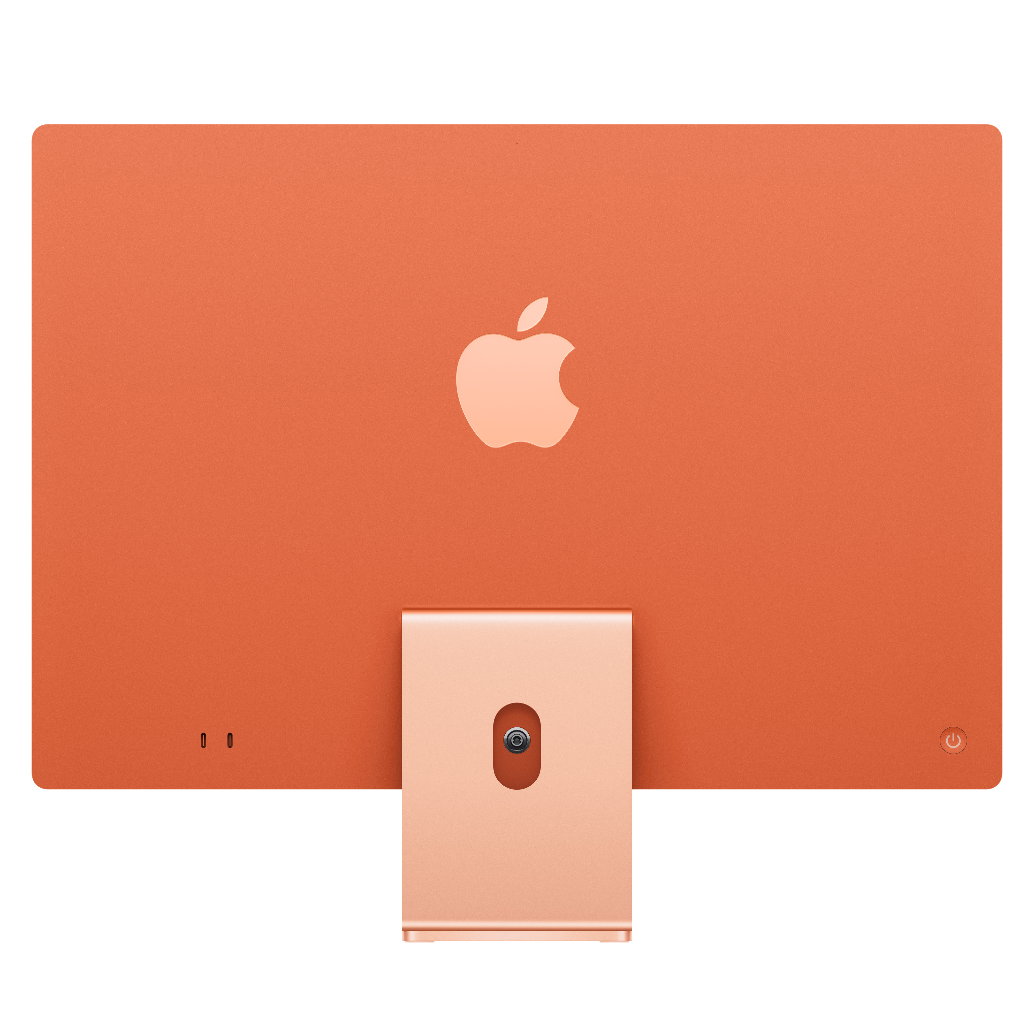 Vue arrière d'un iMac orange avec le logo Apple et le support. Le fond est blanc.