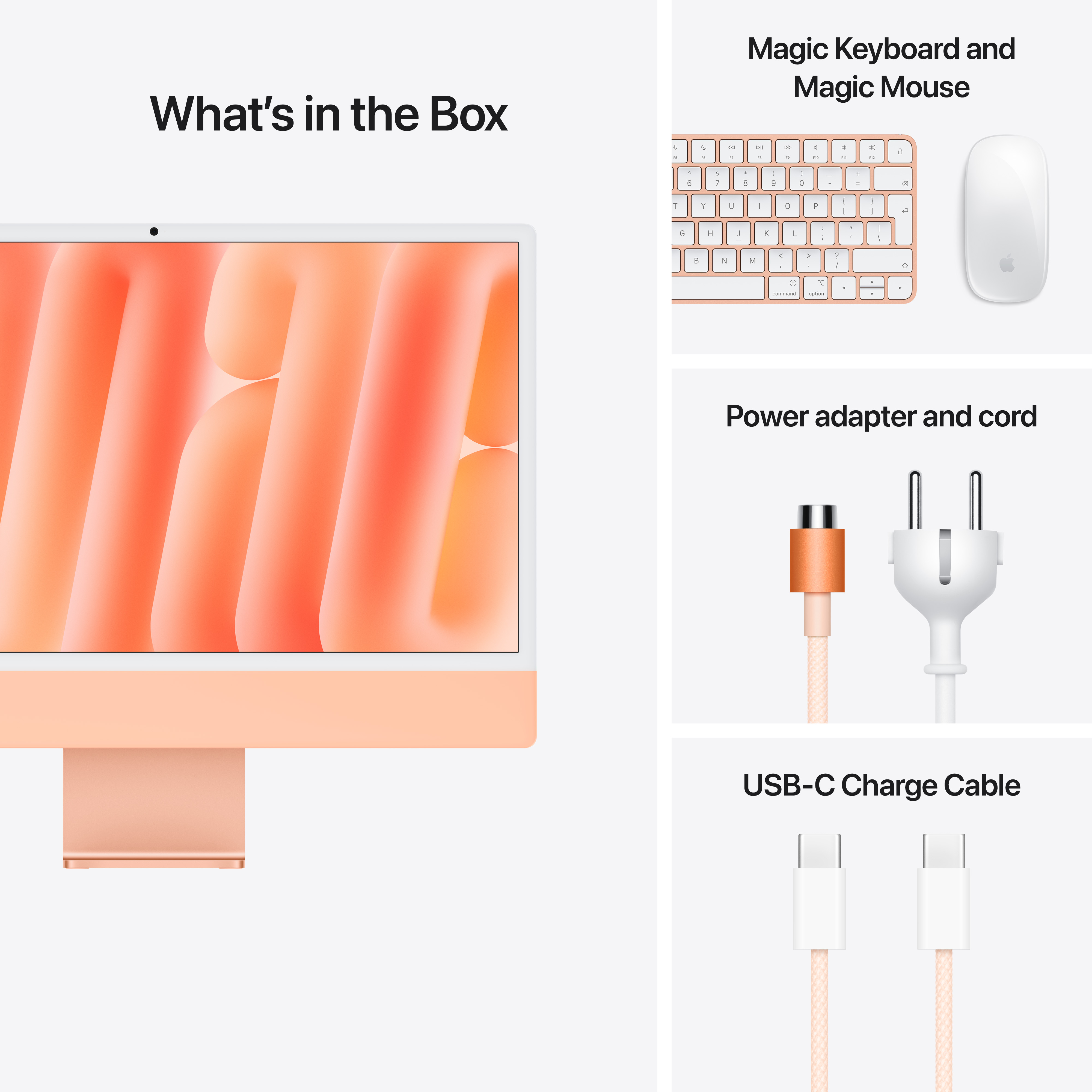 Le nouvel iMac avec clavier, souris, adaptateur secteur et câble de charge. Texte : Qu'y a-t-il dans la boîte ?