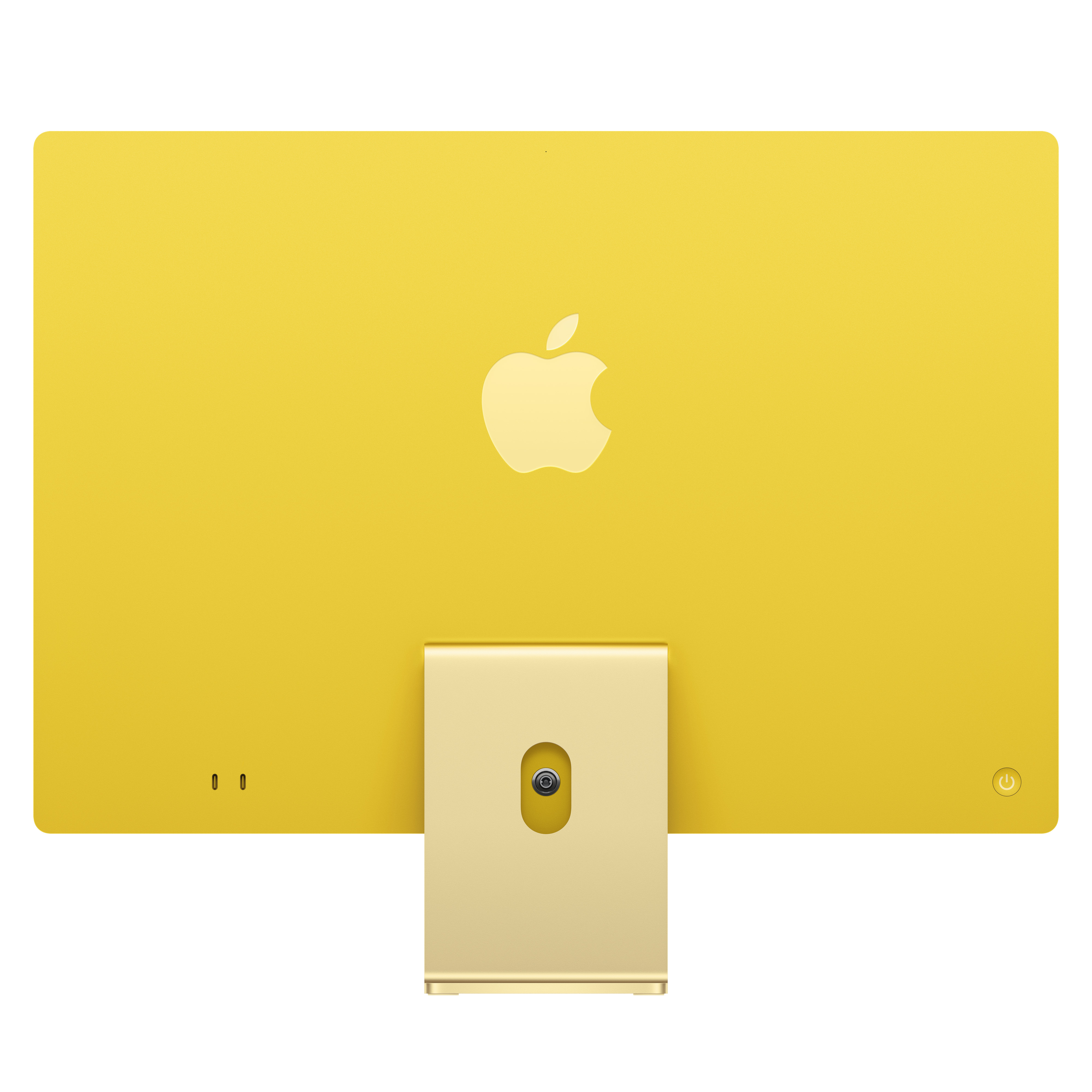 Un ordinateur iMac jaune, montrant l'arrière avec son support.