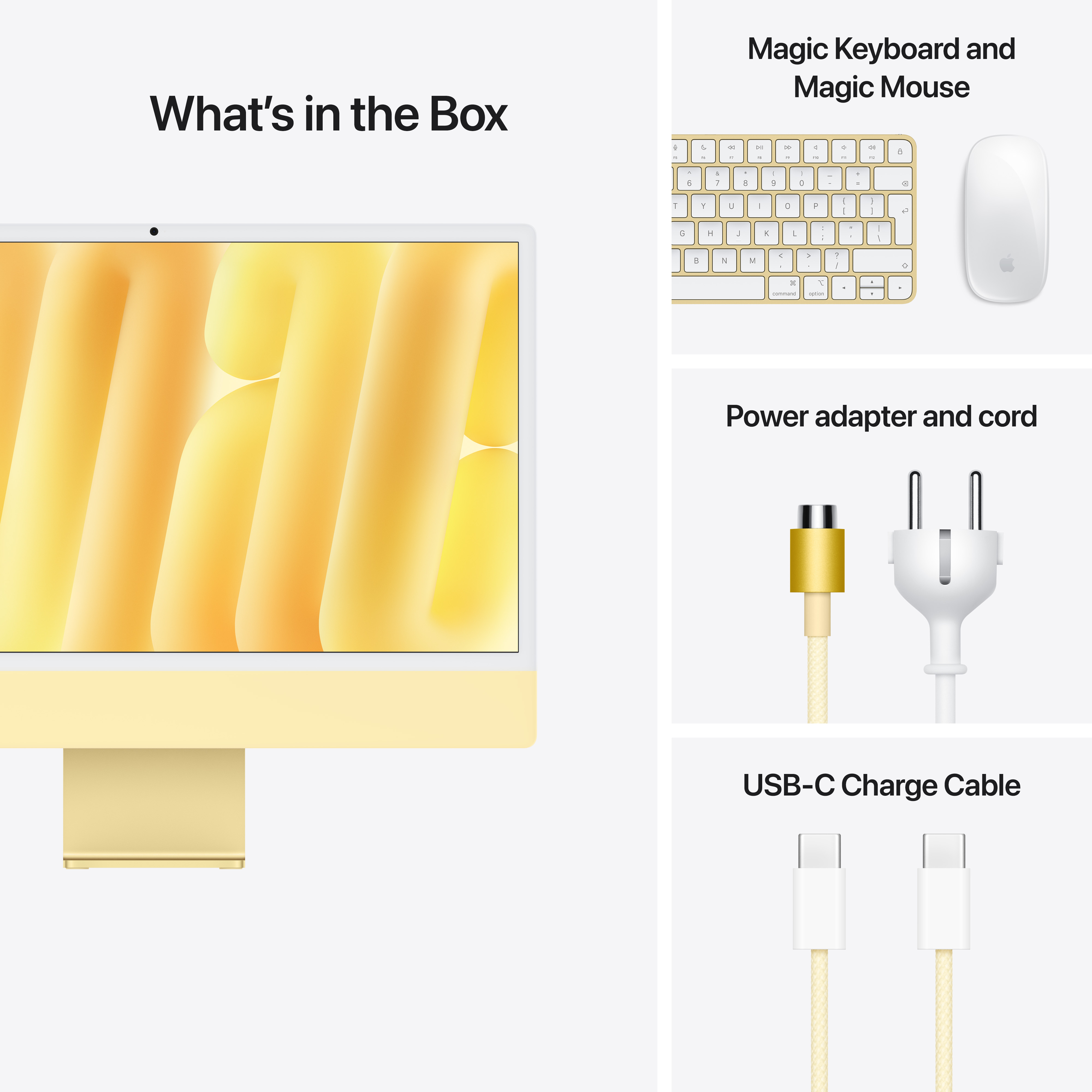 Un iMac jaune et ses accessoires : clavier, souris et câbles.
