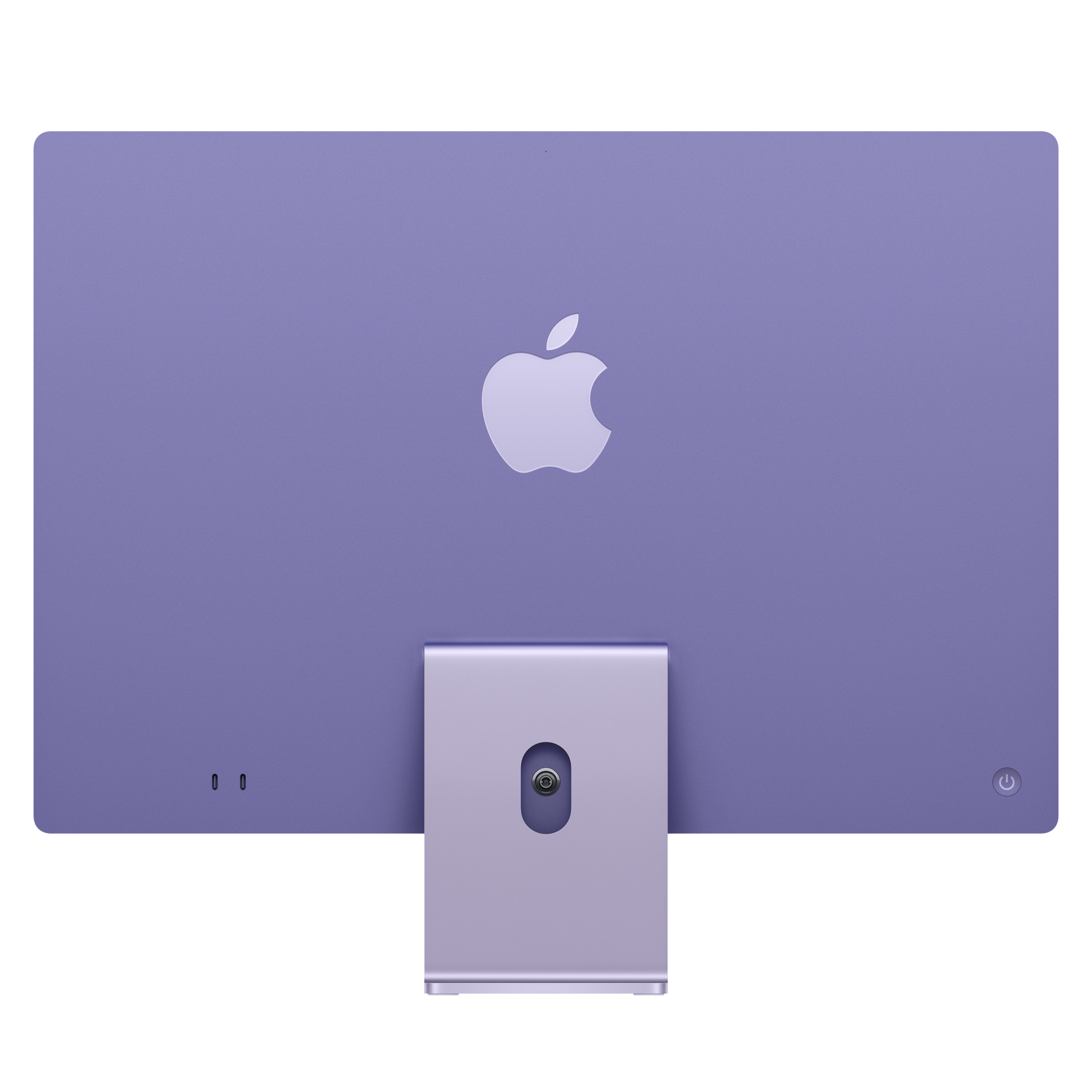 Arrière d'un ordinateur iMac violet. Comprend le logo Apple, un support et des ports. Fond blanc uni.