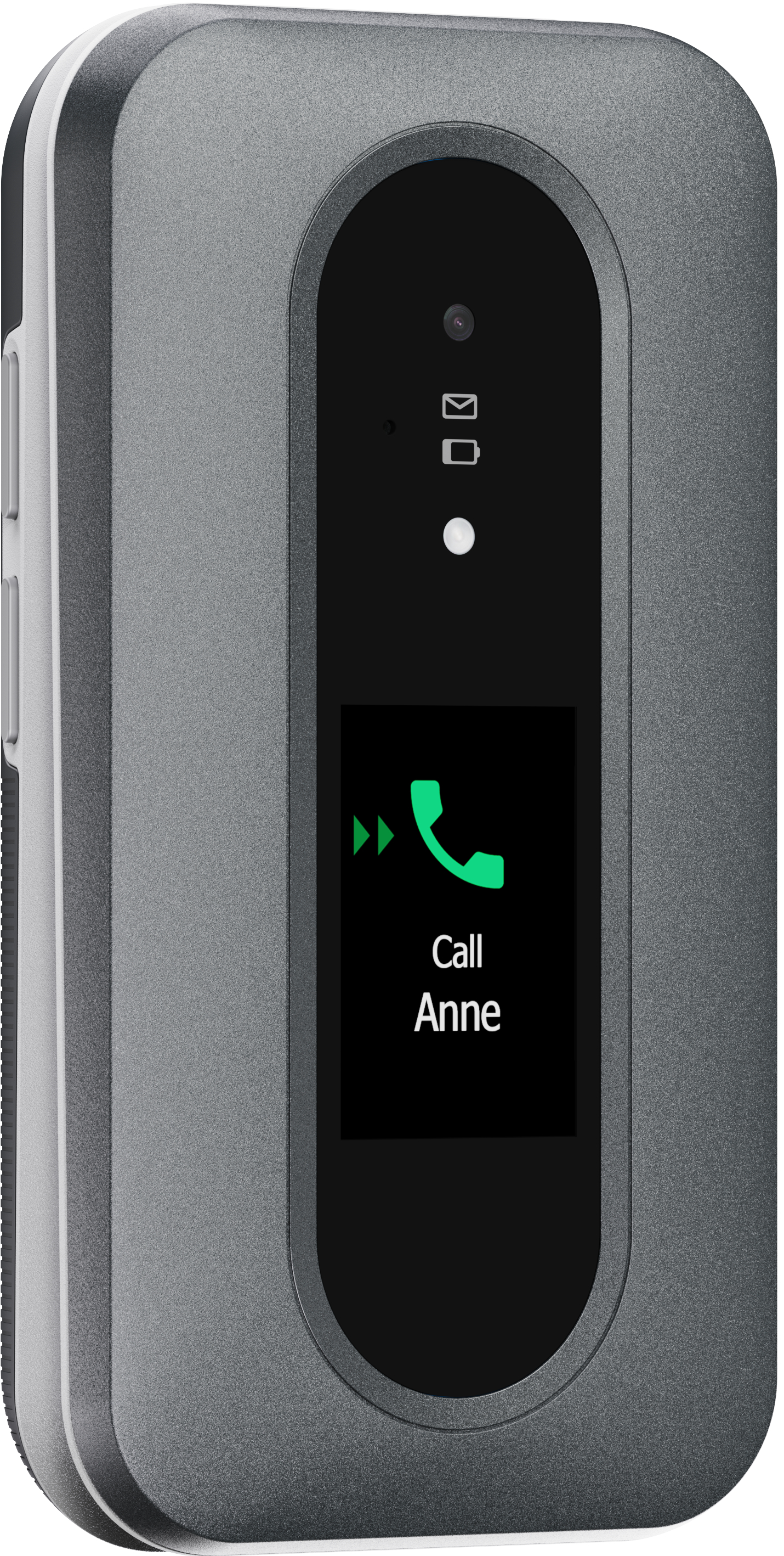 Ein geschlossenes, graues Klapphandy mit einem kleinen Bildschirm, der einen Anrufbildschirm anzeigt.