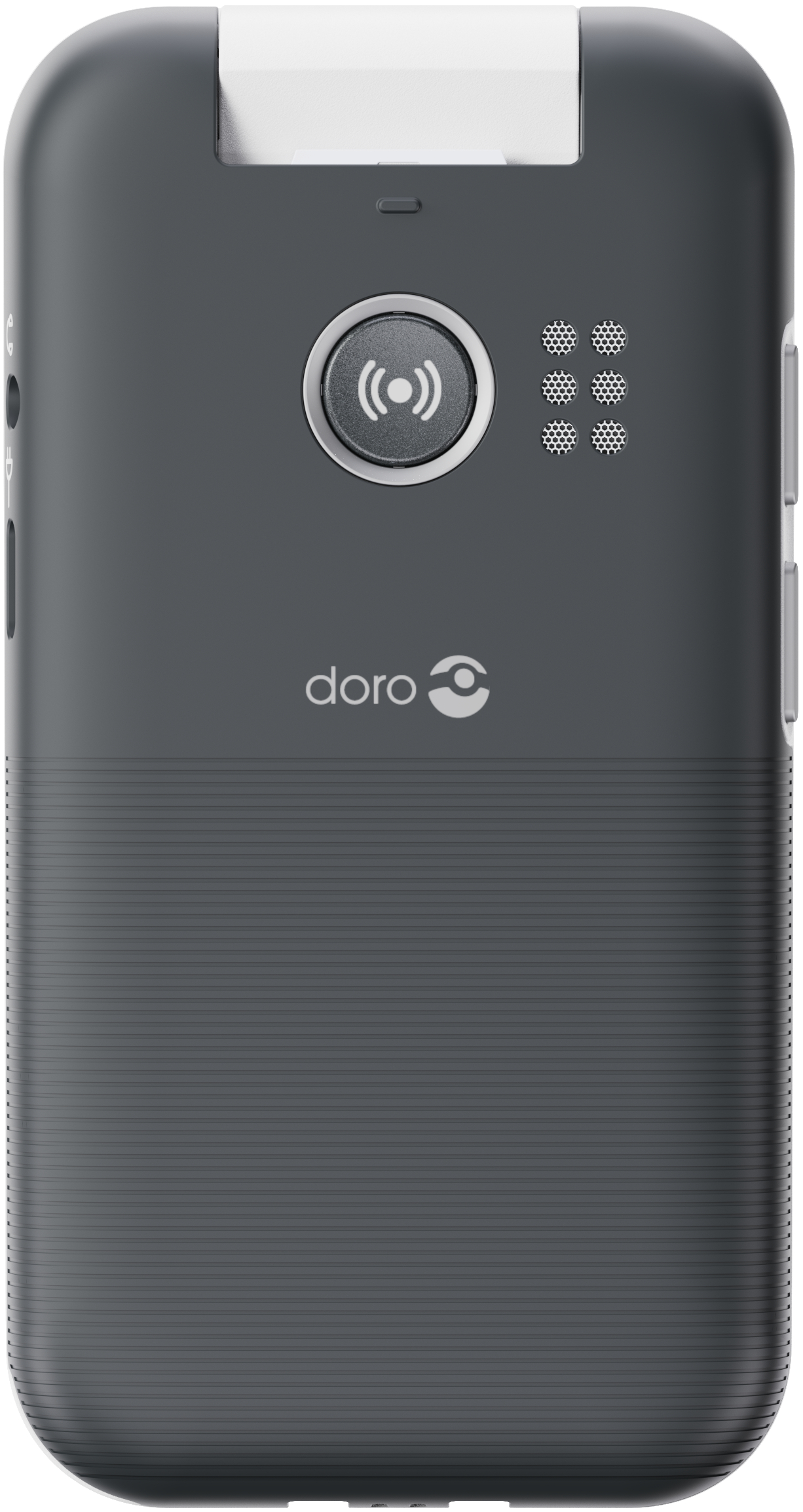 Graues Doro-Mobiltelefon, Rückansicht. Kreistaste und Lautsprecherlöcher. Weißer Hintergrund.