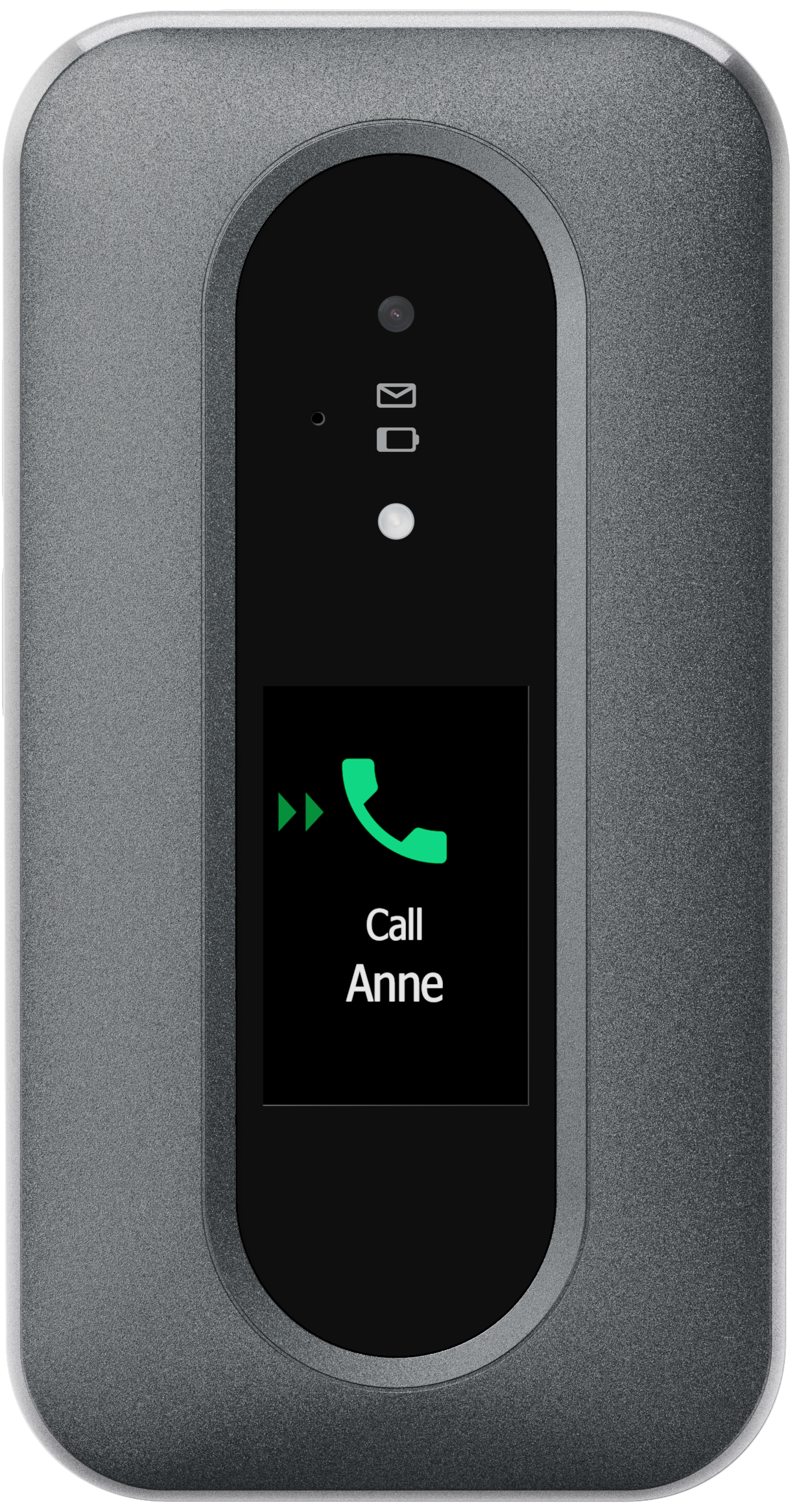 Silbernes Gerät mit schwarzem Bildschirm, zeigt einen Anruf an Anne.