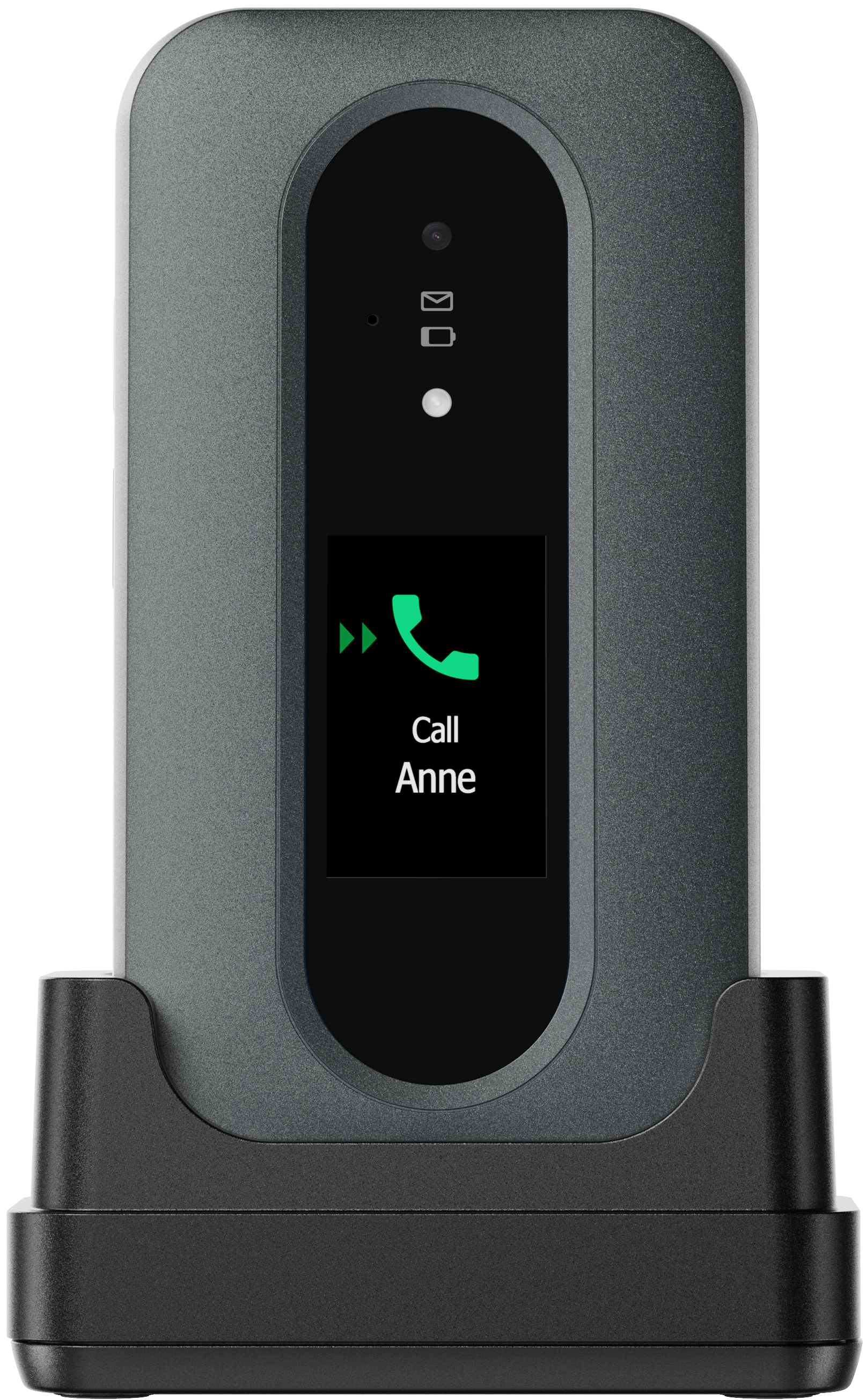 Eine schwarze Telefonbasis mit einem Bildschirm, der einen Anruf an „Anne“ zeigt und ein grünes Telefonsymbol.