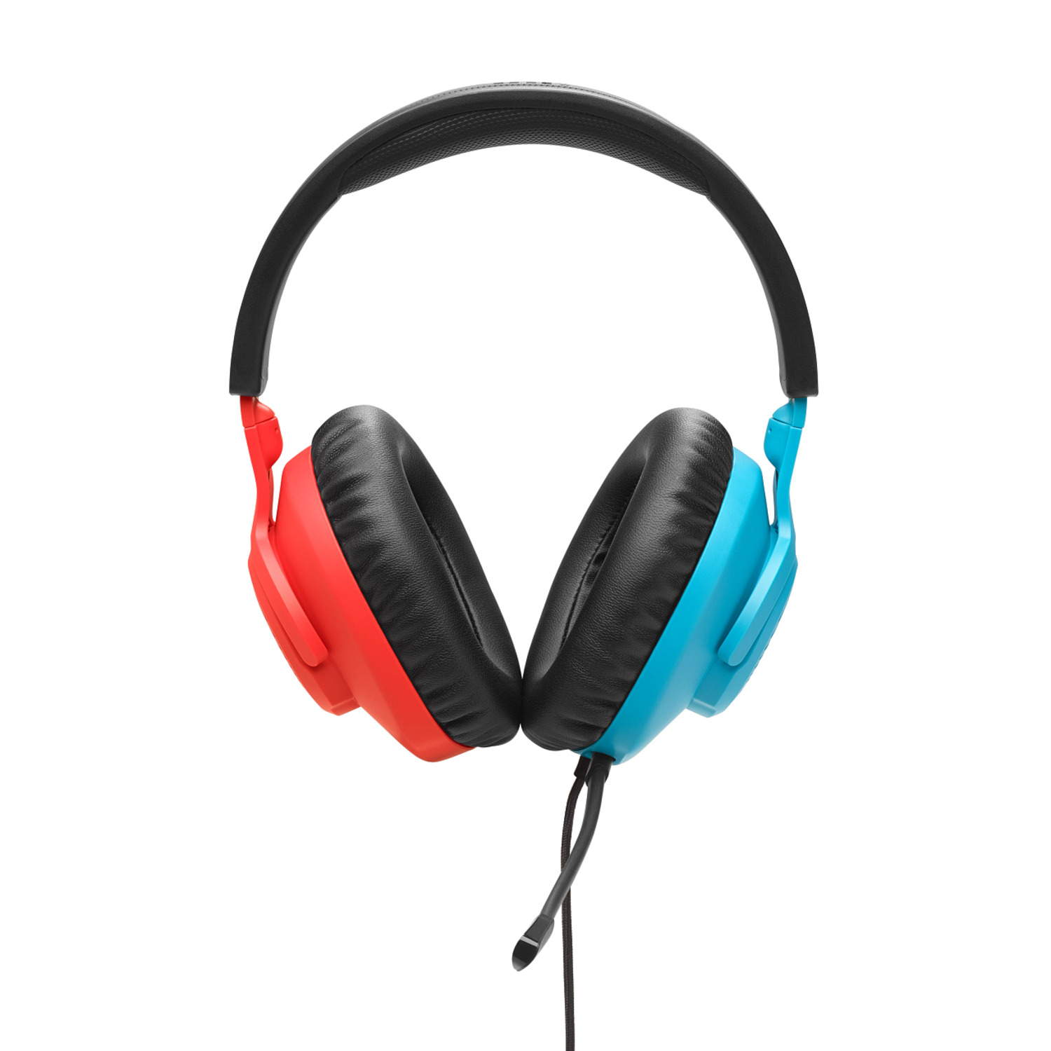 Red and blue headphones. Black ear cups and microphone. White background.