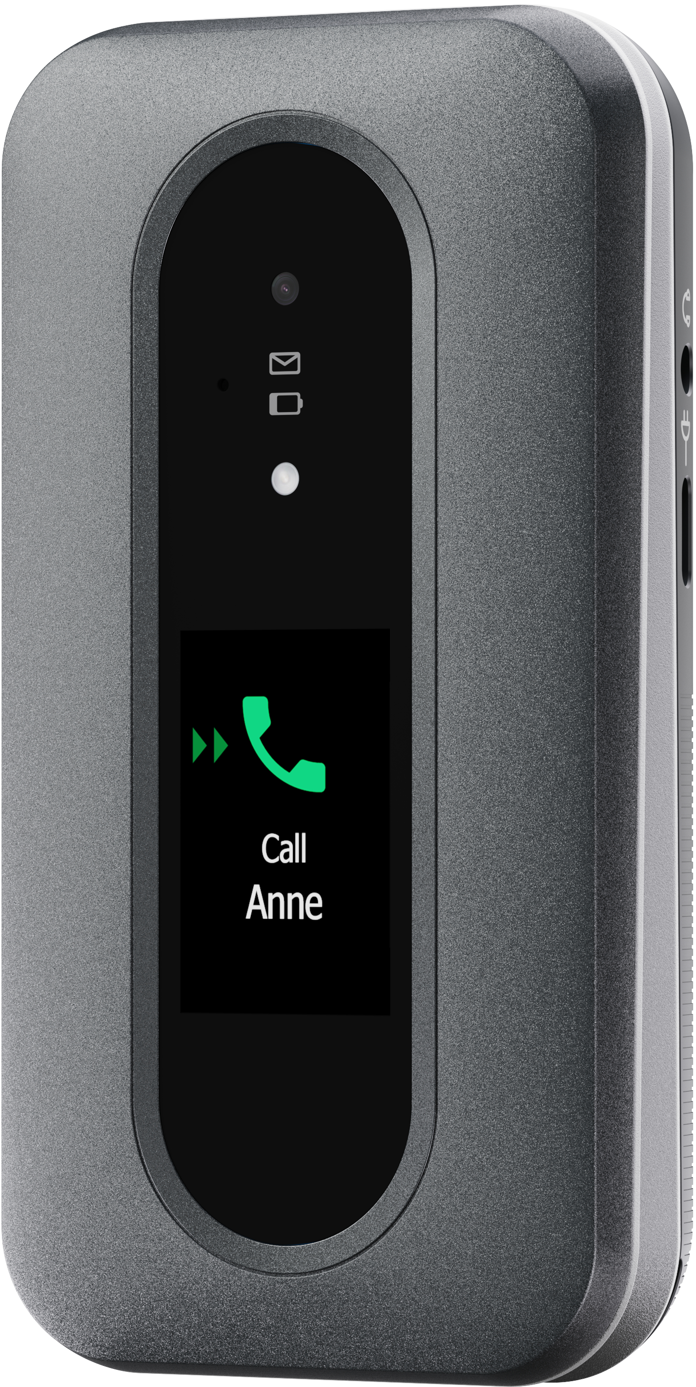 Graues Klapphandy mit einem Bildschirm, der einen Anruf an Anne anzeigt.