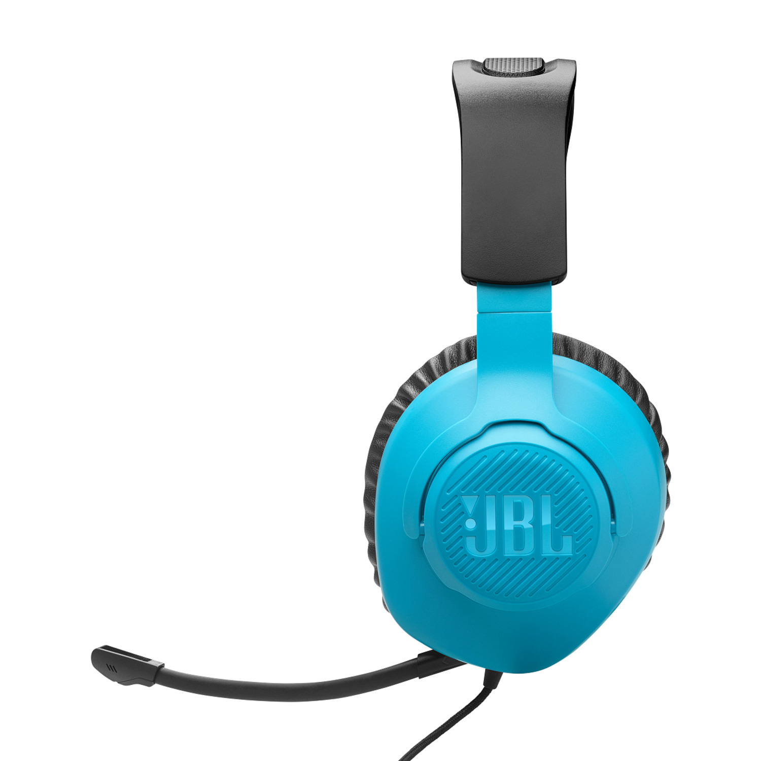 Blue JBL headphones with a microphone. White background.