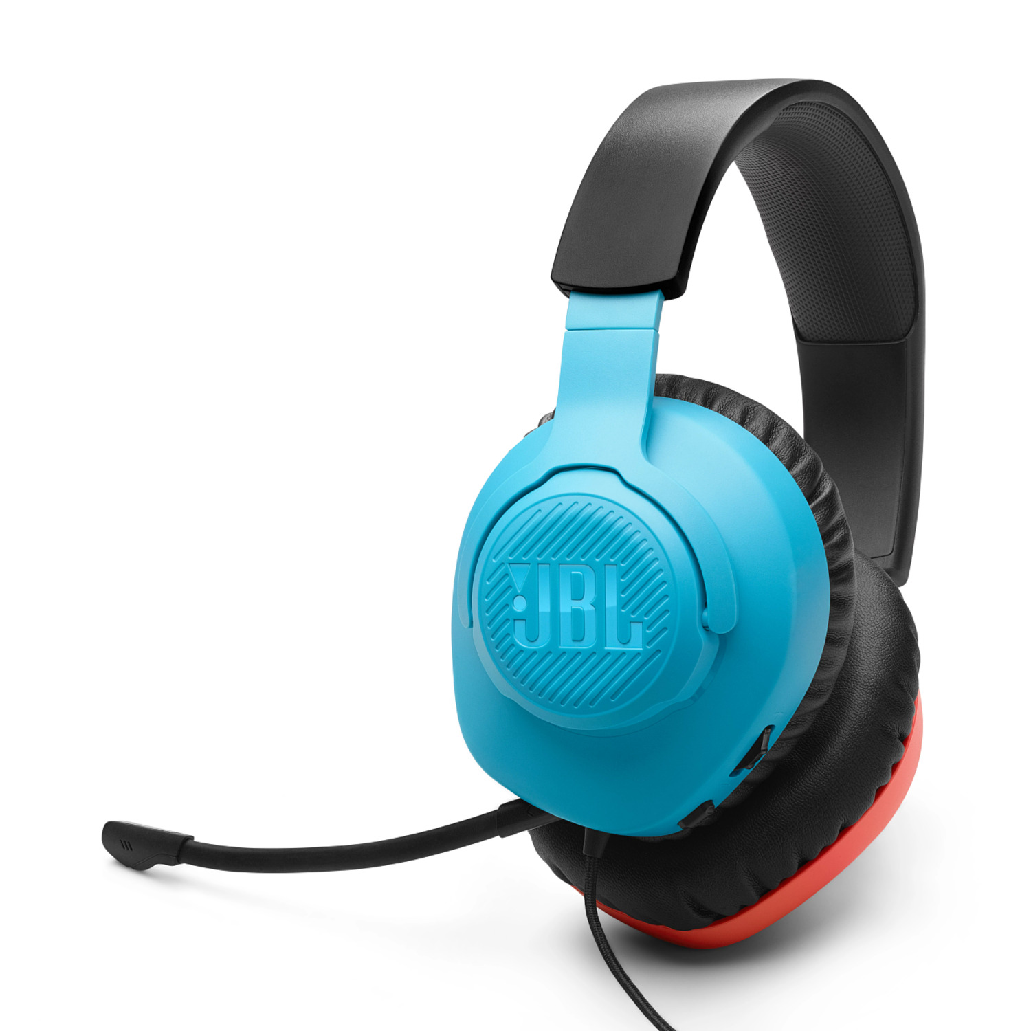 Blue and black JBL headphones with a microphone.