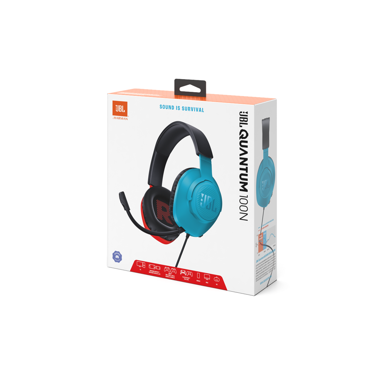 A JBL Quantum 100N gaming headset on a box, blue and black.