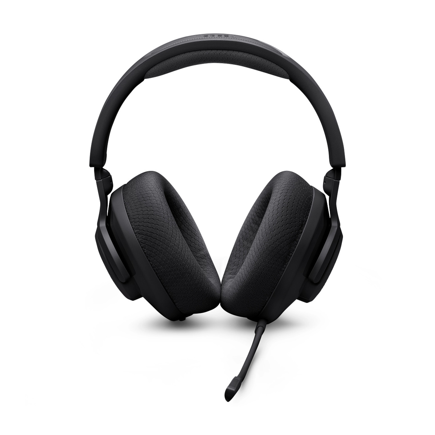 Casque noir avec un microphone sur fond blanc.
