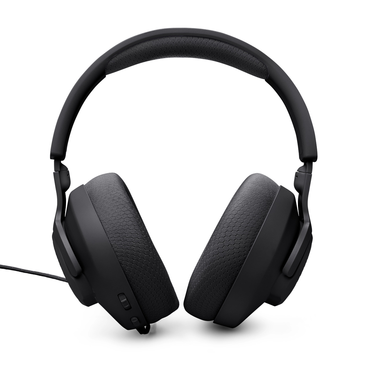 Casque circum-auriculaire noir. Les oreillettes sont rondes et ont une surface texturée. L'arceau est rembourré.