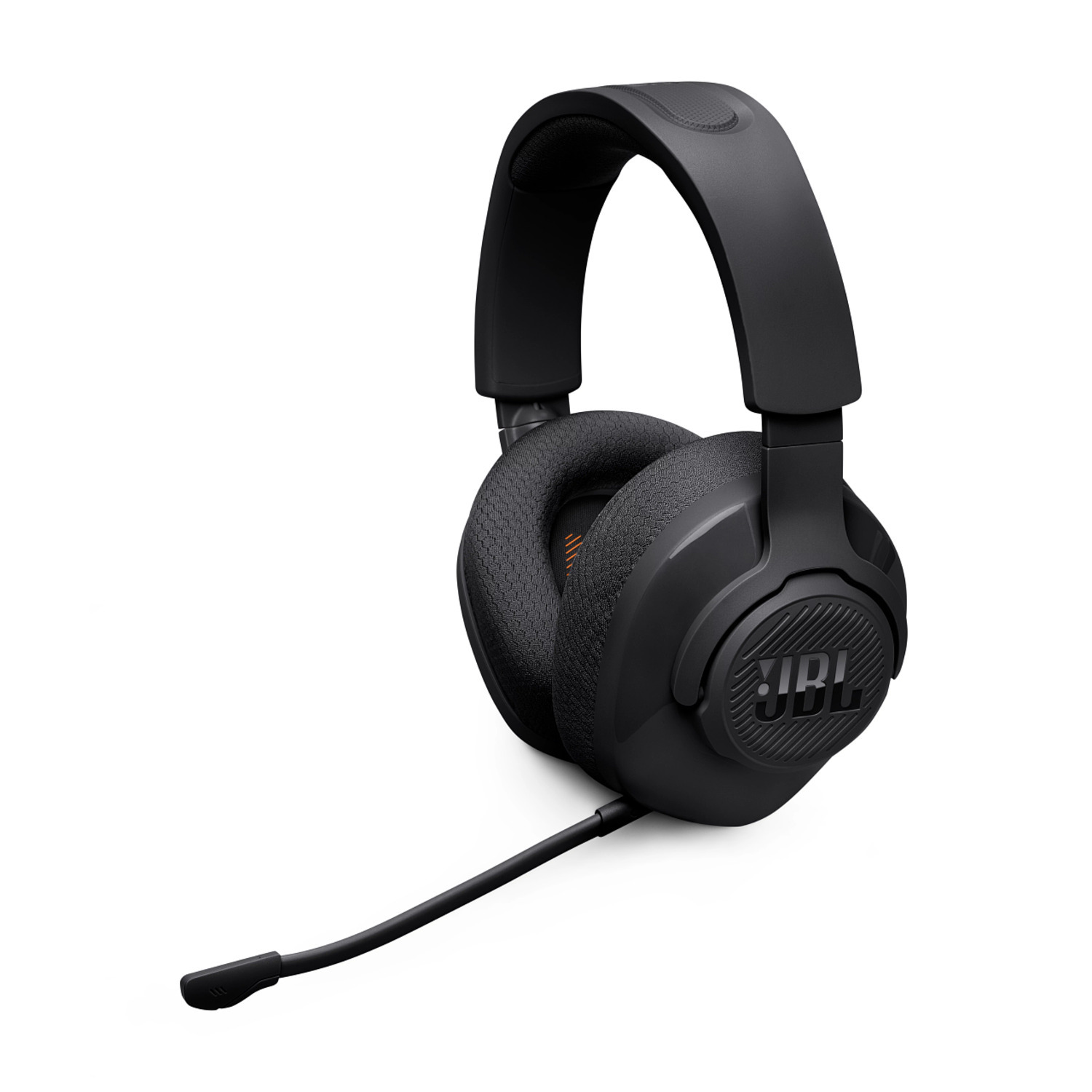 Casque gaming JBL noir avec microphone, sur fond blanc, vue en angle.