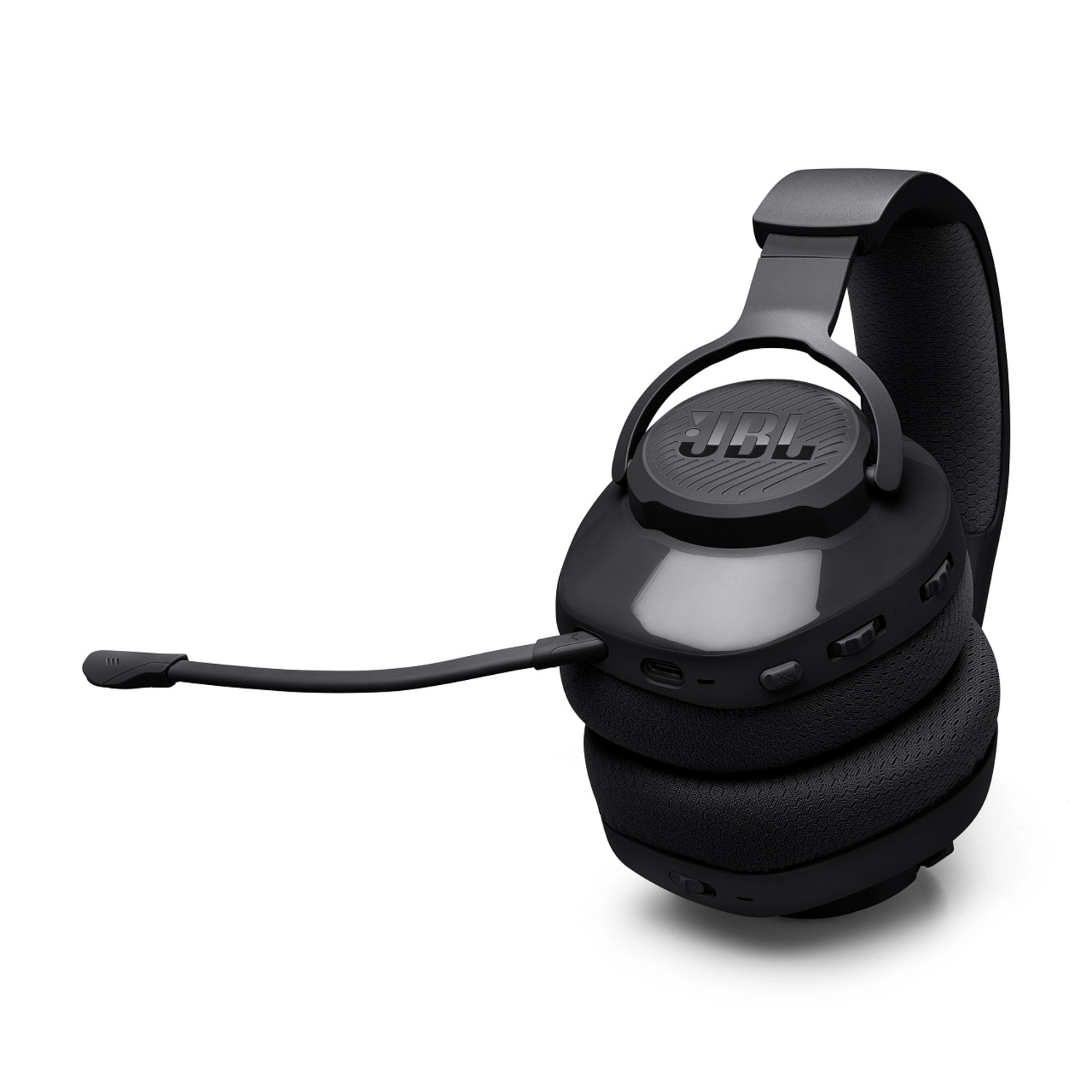 Casque circum-auriculaire noir avec microphone. Le casque a un arceau et des coussinets rembourrés.