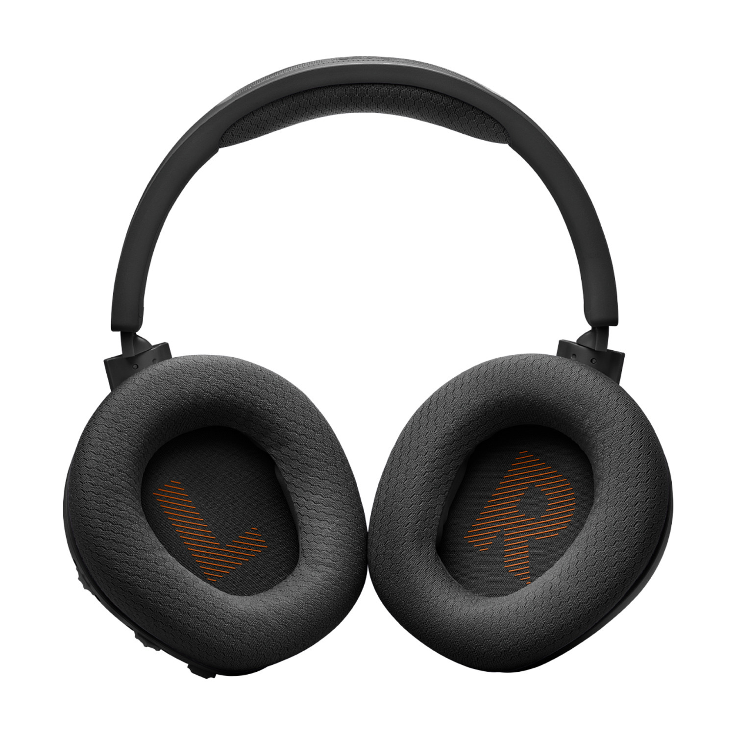 Casque noir avec des accents orange, vu d'en haut. Les écouteurs ont une texture en maille.
