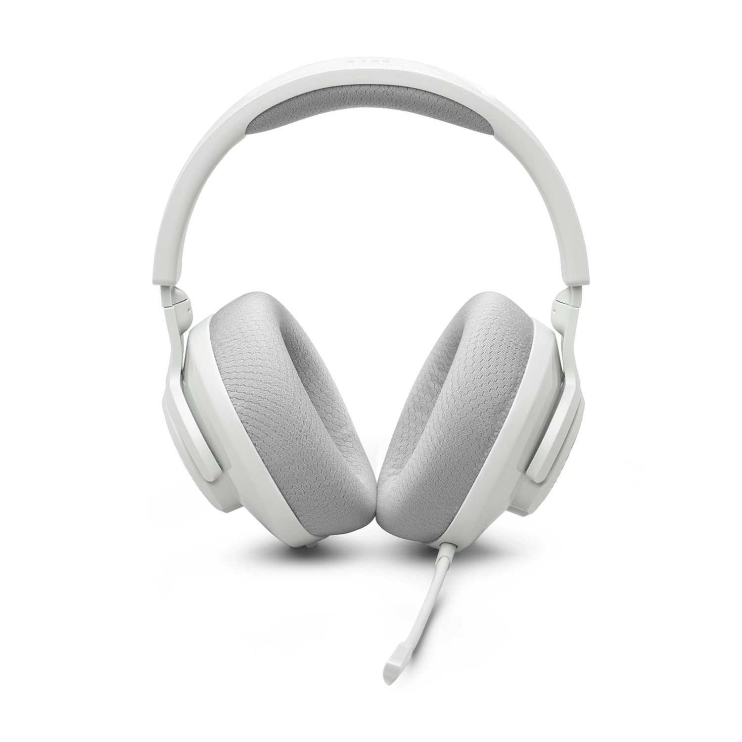 Casque JBL blanc avec rembourrage gris et un microphone, isolé sur fond blanc.