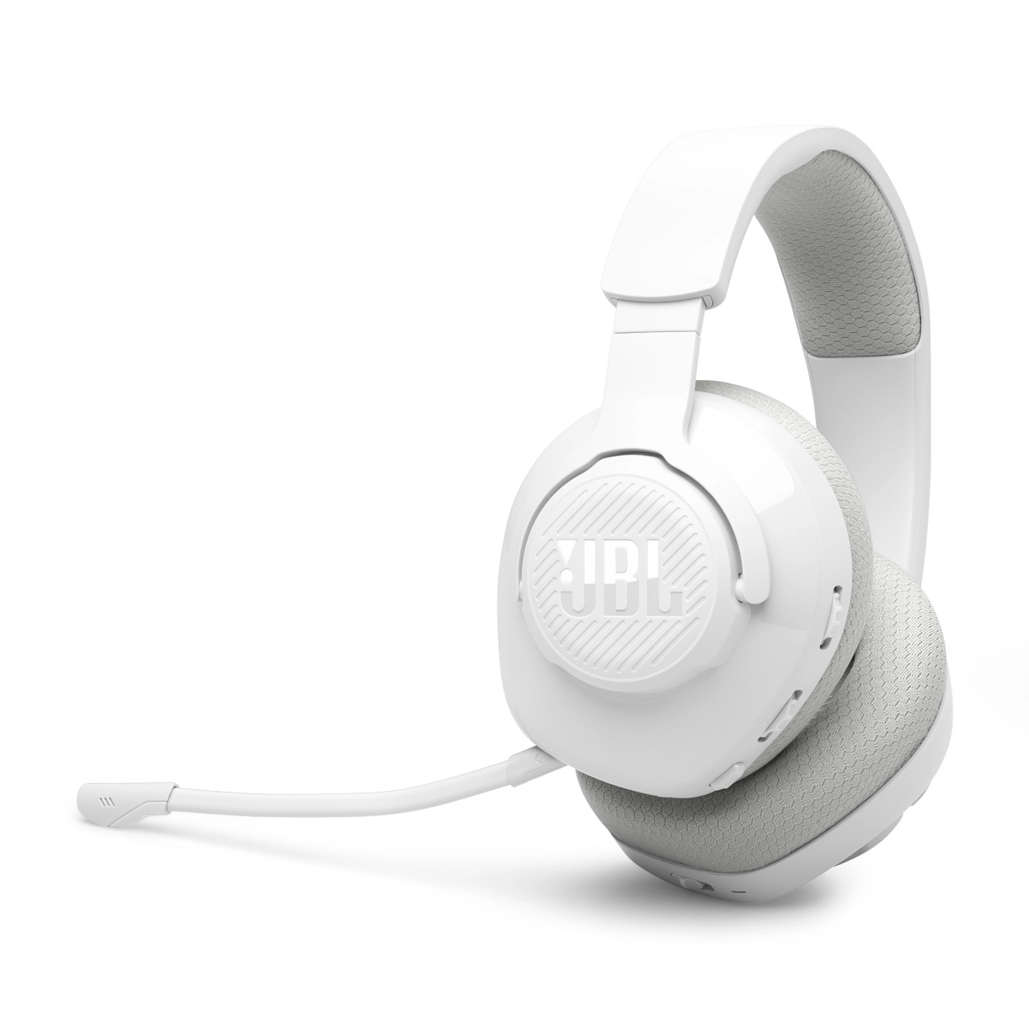 Casque JBL blanc avec un microphone. Le casque est sur fond blanc.