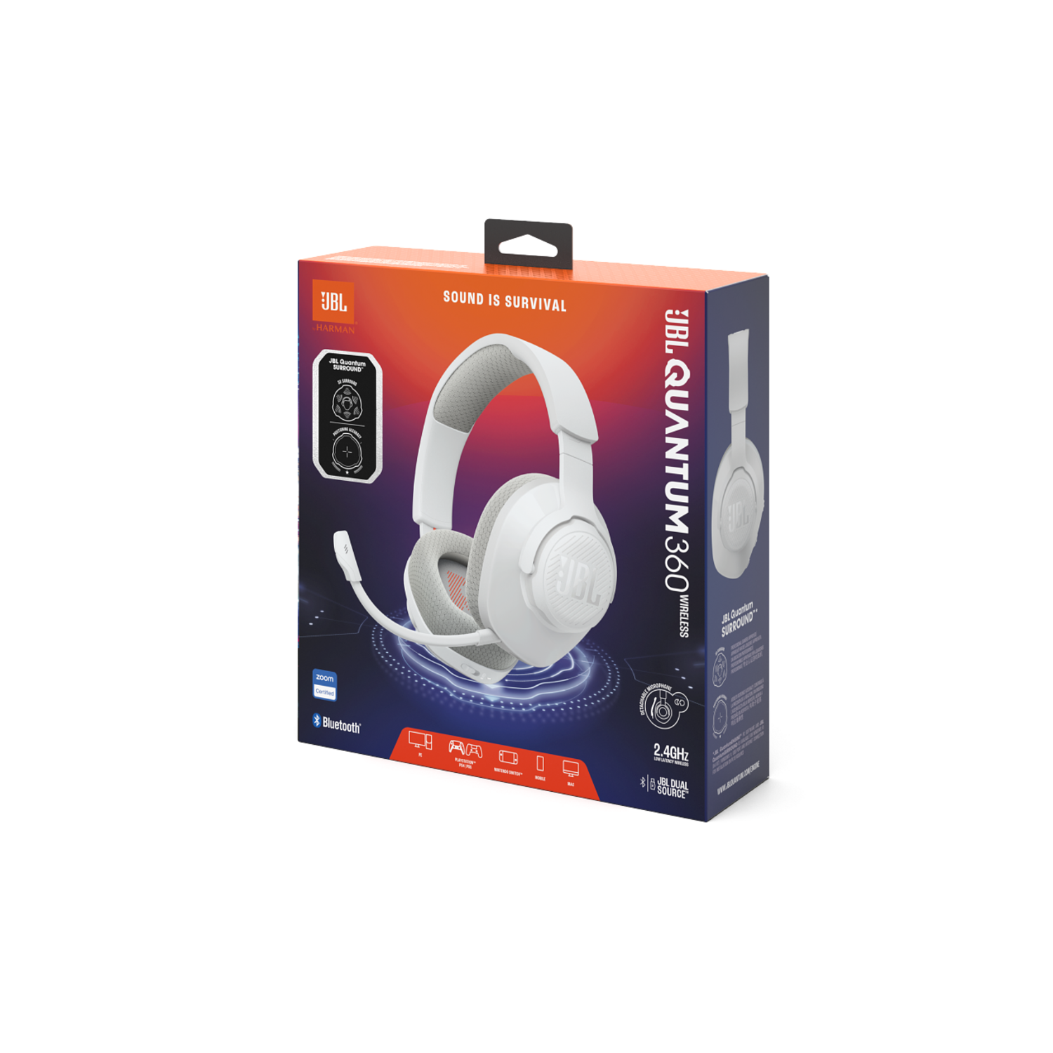 Boîte de casque sans fil JBL Quantum 360. Casque blanc sur la boîte.