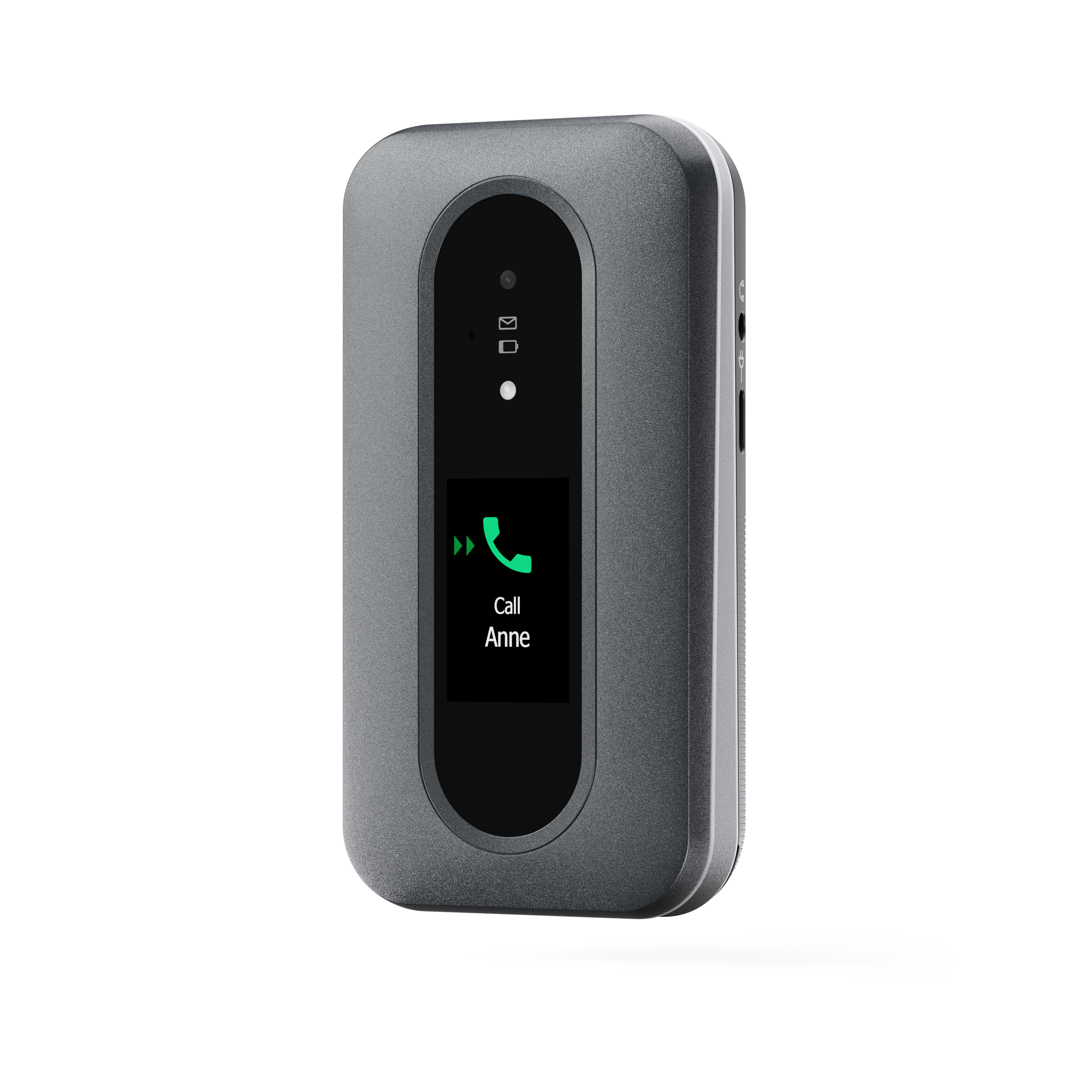 Graues Mobiltelefon mit Anruf an Anne auf dem Bildschirm, auf weißem Hintergrund.